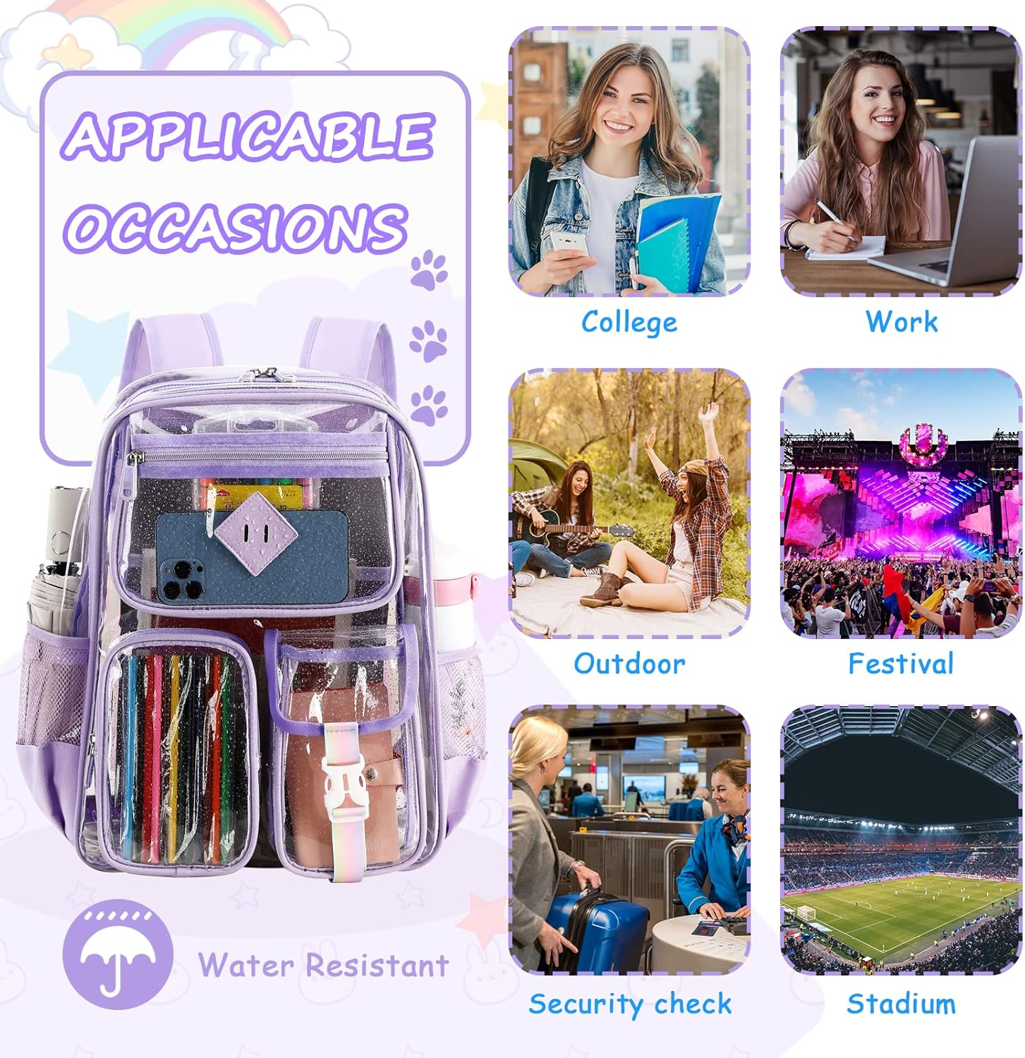Clear Backpack for School,Heavy Duty PVC Transparent Bookbag for Girls Stadium Approved See through Backpack image number 6