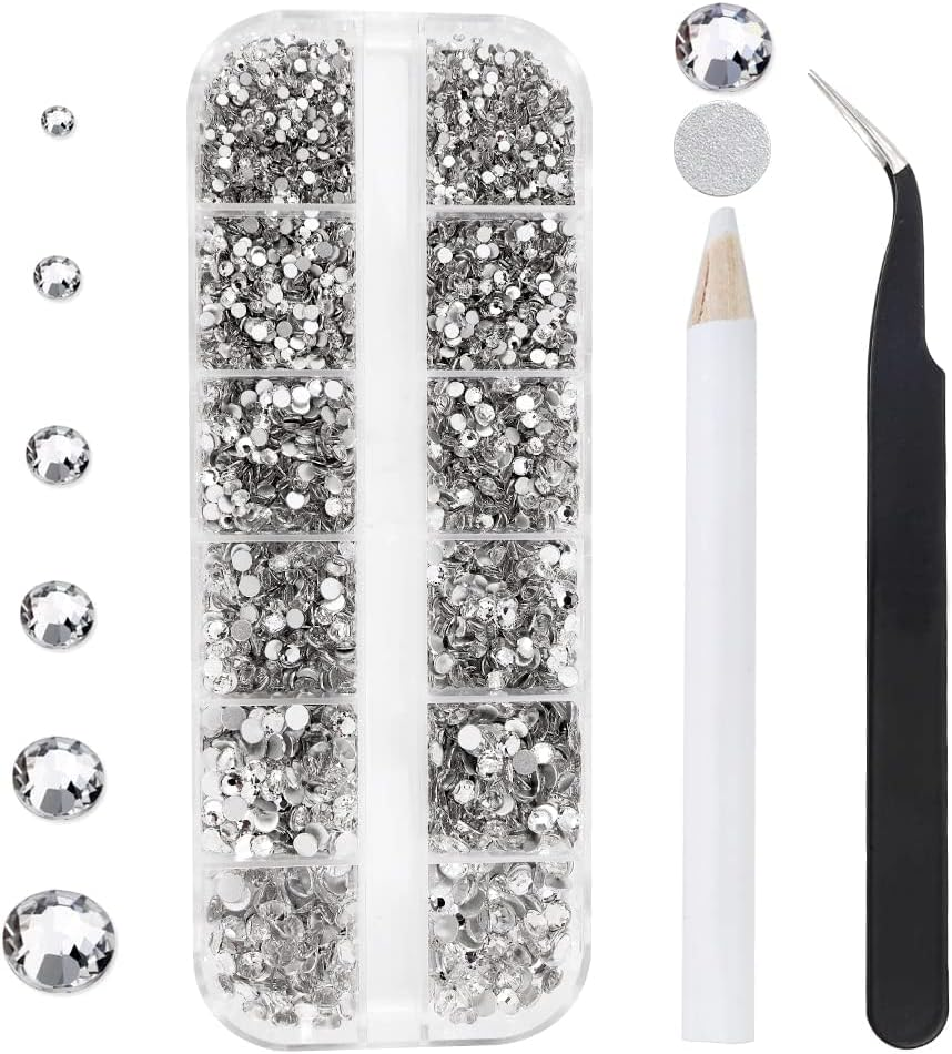 Rhinestones, Nail Gems - 2000 Pieces Flat Back round Crystal Bedazzling Kit with 6 Sizes (1.5-6 Mm), Tweezers and Picking Pen for Crafts, Nail, Face Art, Clothes, Shoes, Bags DIY image number 1