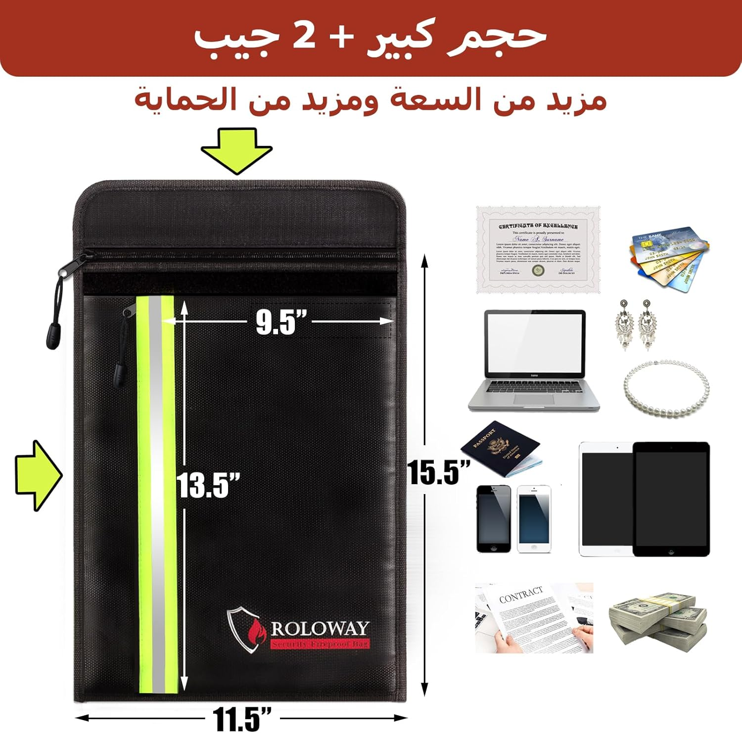 Fireproof Document Bag (15.5 X 11.5 Inch) with 5200℉ Aluminum Foil Layer, Fireproof Bag for Documents Safe with 2 Pockets, Fireproof Waterproof Document Bag, Fireproof Money Bag (Black) image number 4