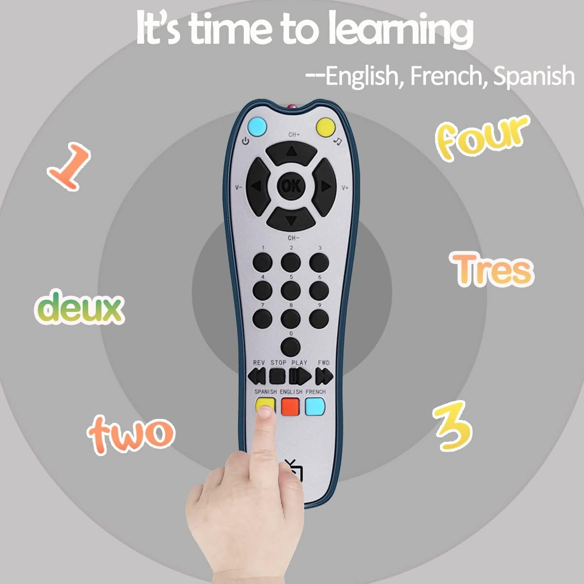 Baby Realistic TV Remote Control Toy with Light and Sound, Upgrade Adjustable Volume, Early Educational Musical Toys with 3 Language English,French and Spanish Gift Toy for 3+ Months Boys or Girls image number 4