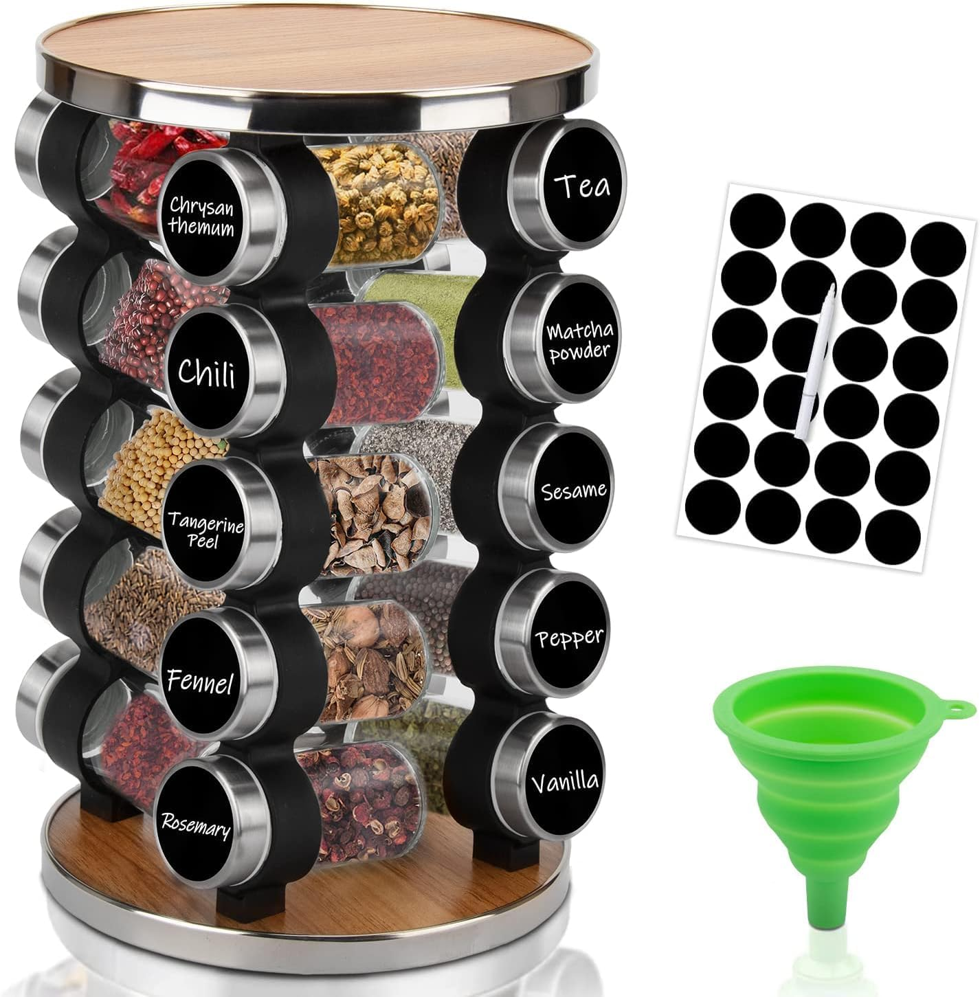 Rotating Spice Rack Organizer - Seasoning Organizer for Cabinet, Kitchen Countertop Revolving Spice Racks with Reusable Labels,Silicone Funnel and Mark Pen (20 Jars)