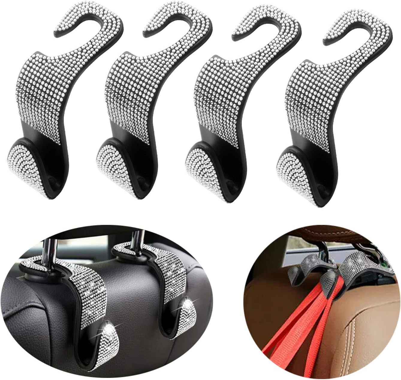 4 Car Headrest Hooks, Bling Car Seat Hanger Backseat, Bling Car Headrest Hangers, Backseat Bling Car Hooks with Rhinestone Diamond Hanger Back Seat Organizer for Vehicle. ( White Blings ) image number 4