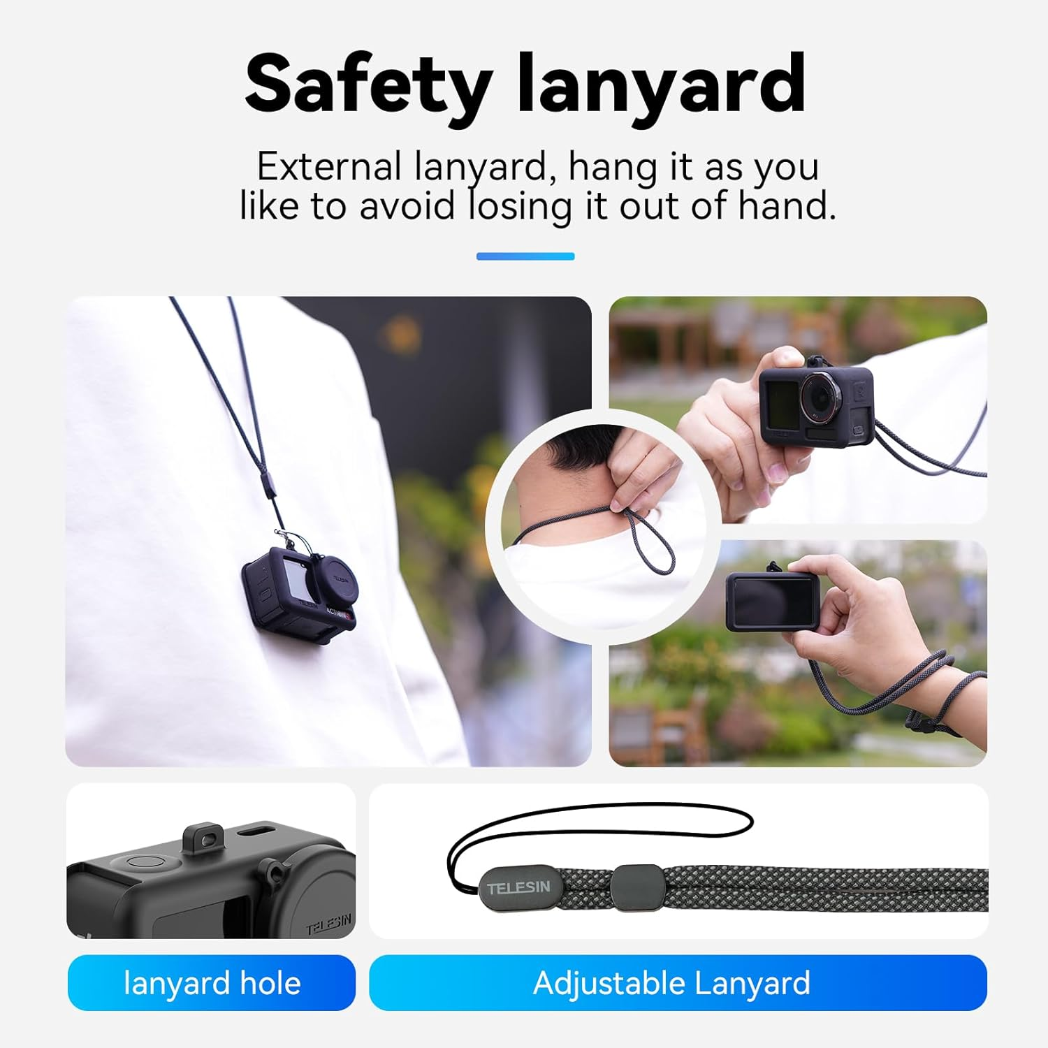 TELESIN Black Silicone Protective Case for DJI Osmo Action 5 Pro/Action 4/Action 3, Shockproof Anti-Scratch Full-Body Camera Sleeve Case Cover with Lens Cap & Wrist Strap, for Outdoor/Vlog/Travel image number 3