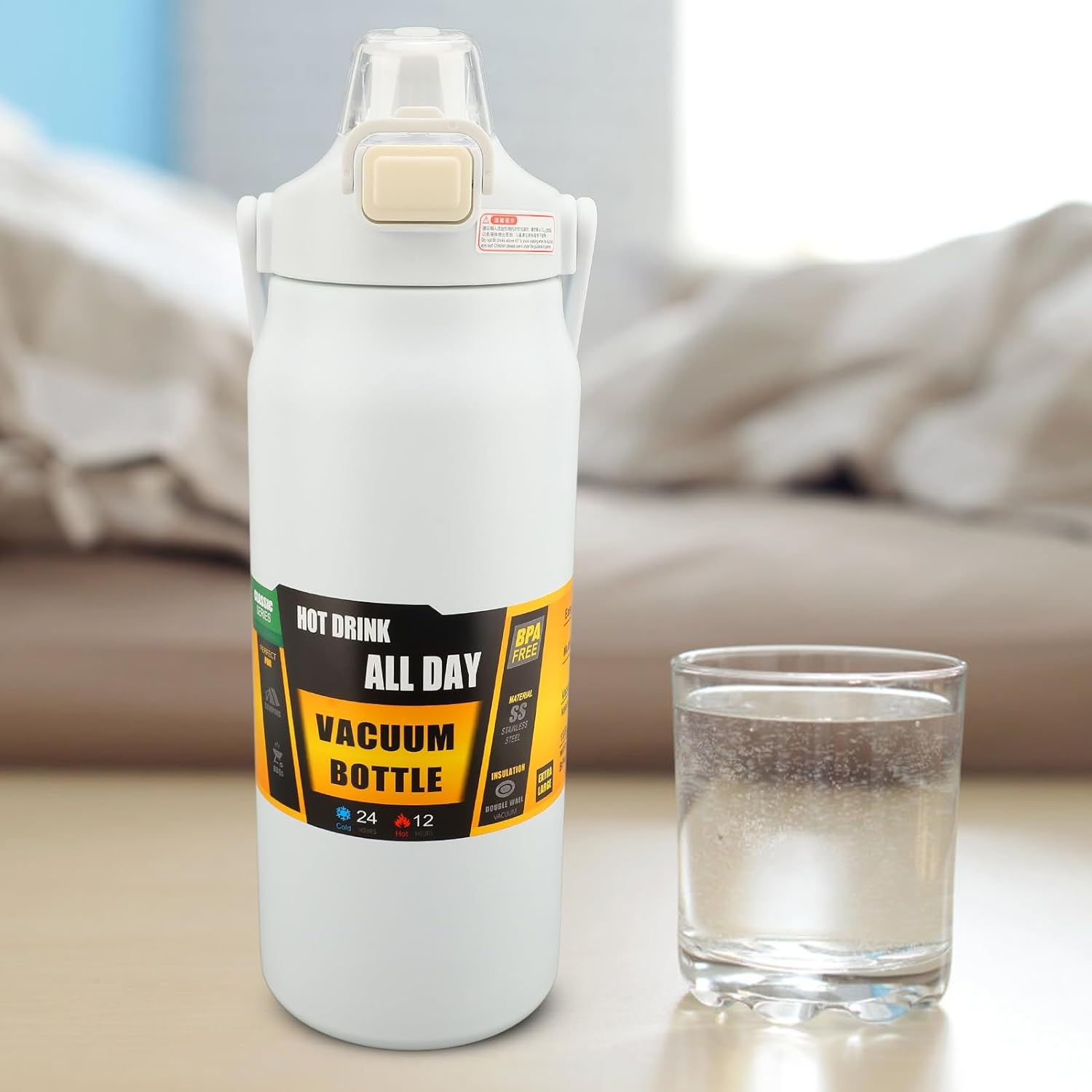 Bewinner 304 Stainless Steel Insulated Water Bottle 1.5L, Straw Lid Handle Reusable Wide Mouth Vacuum Bottle for Gym Fitness (White)