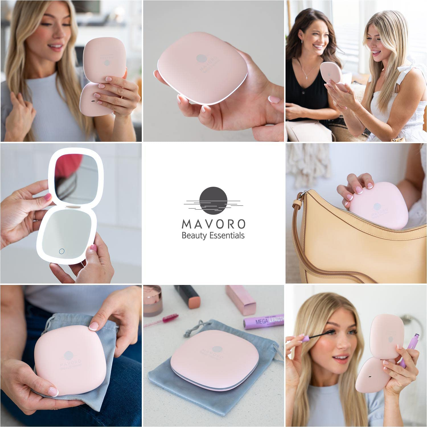 Mavoro LED Lighted Travel Makeup Mirror | 1X/10X Magnification| Rechargeable USB-C | Pocket & Purse Portable Lighted Travel Makeup Compact Mirror, Touch Sensor (Heavenly Pink) - Graphite Grey image number 2