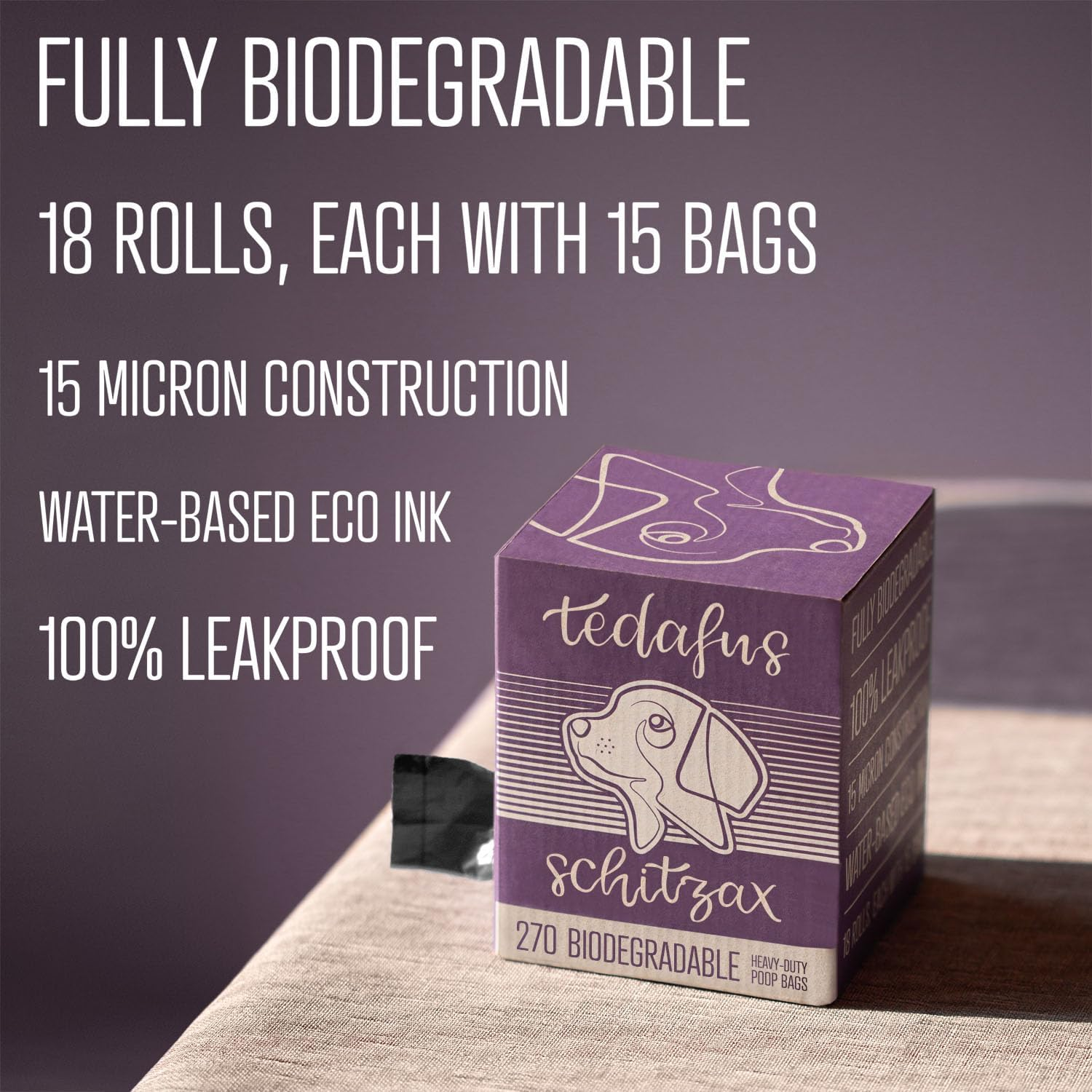TEDAFUS Dog Poo Bags | 270 Eco Biodegradable Poop Bags | 18 Thick Dispenser Refill Rolls with Tie Handles for Dogs | 15 Strong Bags per Roll | 100% Leak-Proof Unscented Sustainable Sacks (Black) - Purple image number 5