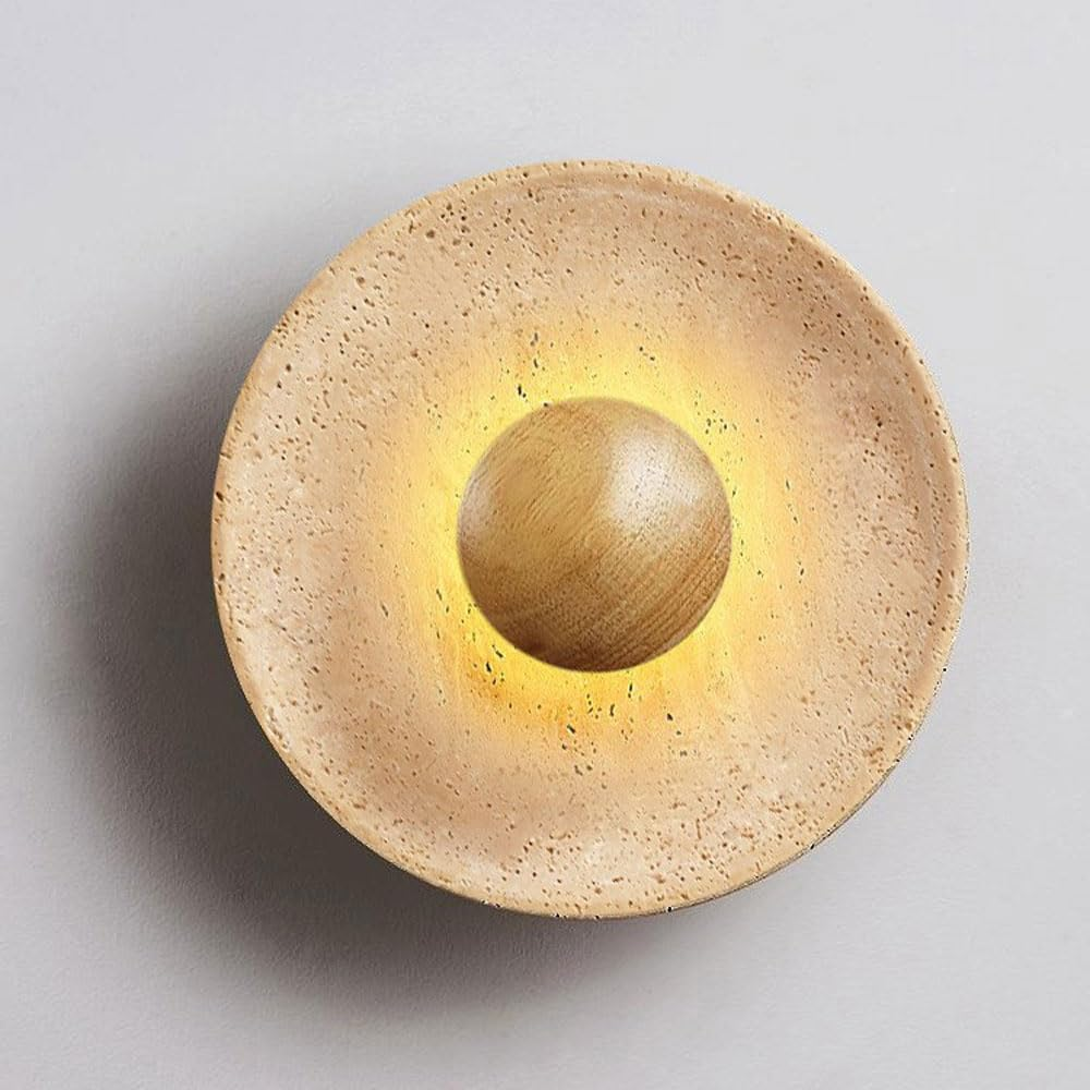 Yellow Travertine Wall Lamp Wabi Sabi Wall Sconce Lighting Fixture round Wood Wall Light, Natural Stone Wall Sconces Hardwired Wall Lights for Bedroom Living Room Stairs XXZ image number 6