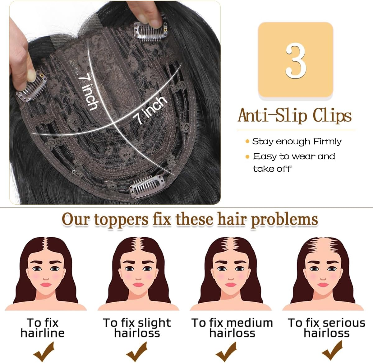 VEGALILY 20Inch Hair Topper, 7X7" Base Size Wavy Hair Topper for Women, Handmade Natural Hairline Hair Toppers Fake Hairpieces for Women (Brown with Highlights) - Gradual Brown image number 6