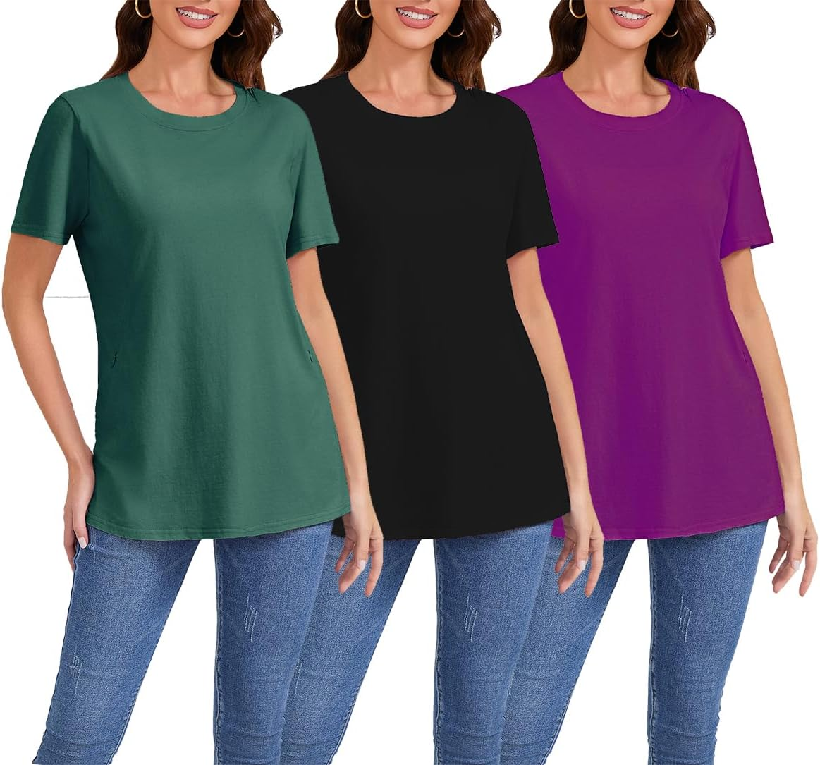 Women Maternity Tops 3 Packs Comfort Breastfeeding Nursing Friendly Zip Tshirt Pregnancy Clothes