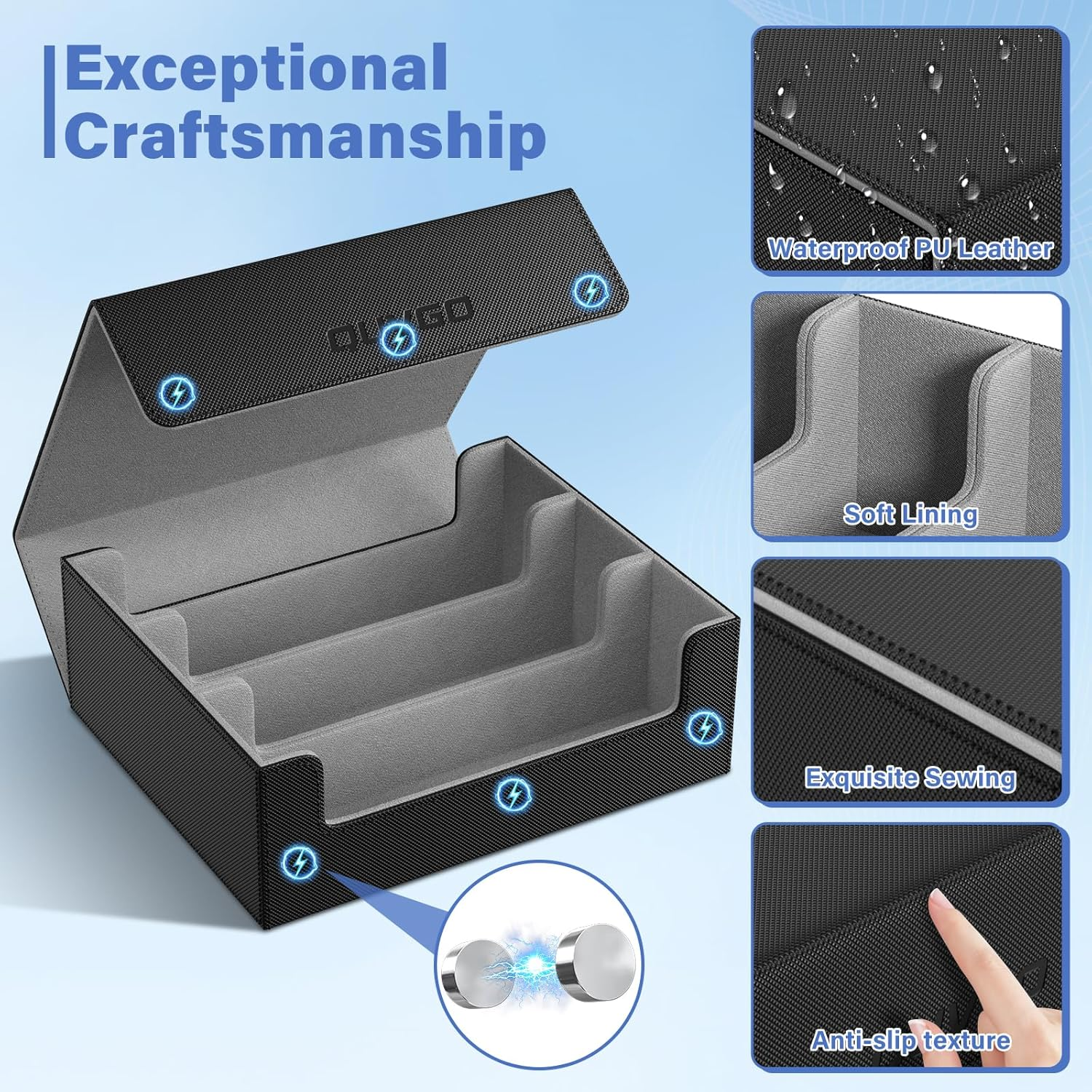 QUVGO Trading Card Storage Box for 1800+ Cards, Durable PU Leather with Strong Magnetic Closure, Fits MTG, Yu-Gi-Oh, Sports Cards, Includes 10 Dividers and 3 Foam Stoppers, Black & Gray image number 2