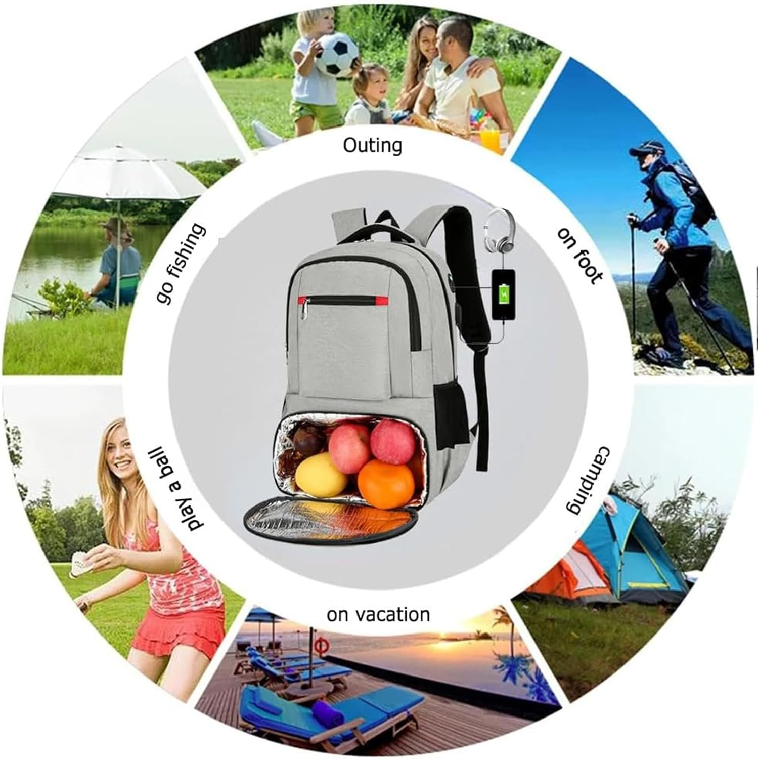 Lunch Backpack, Big Laptop Backpack Waterproof Travel with Lunch Compartment & USB Port & Earphone Port Waterproof Insulated Cooler (Grey) image number 4