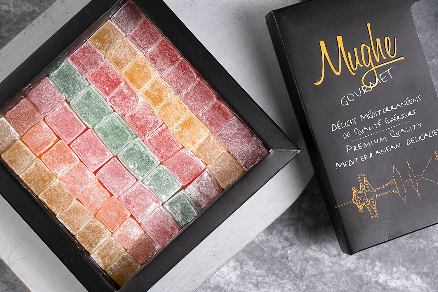 Mughe Gourmet Turkish Delight Candy Elegant Gift Box - 13.05Oz/370G - Halal, Vegan Lokum Fruit Flavors Rose, Strawberry, Lemon, Orange, Mint - Gifts for Special Occasions, Mother'S Day, Birthdays image number 4