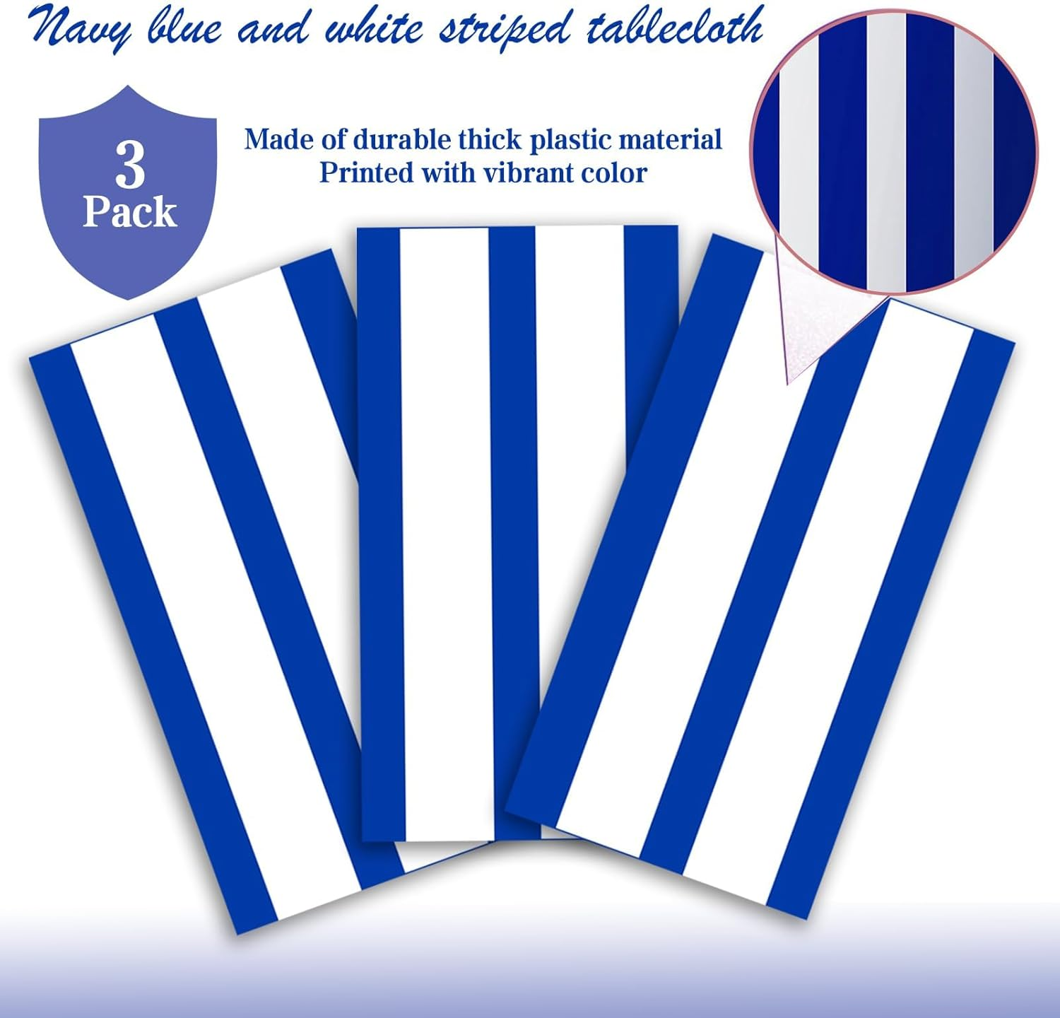 OQOQ Navy Blue and White Striped Tablecloth(3 Pack) - 54X108 Inches Father'S Day Party Decoration Supplies Disposable Plastic Rectangular Table Cloth for Birthday Ocean Nautical Theme Party Picnic image number 2