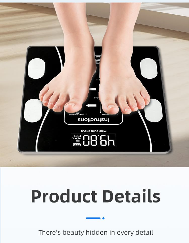 ORCO Digital Smart Body Scale, Bluetooth Bathroom Weight Scale with LCD Display, Tracks BMI, Fat, Muscle Mass, Water Percentage%, Tempered Glass Platform, 180Kg Capacity image number 4