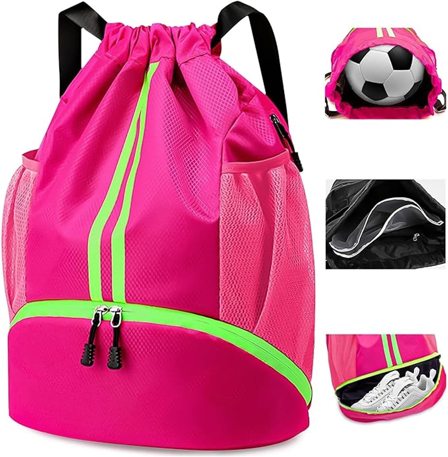 Sports Drawstring Backpack,Water Resistant Lightweight String Gym Bag with Shoes Compartment and Wet Proof Pocket for Women Men. - Black image number 5