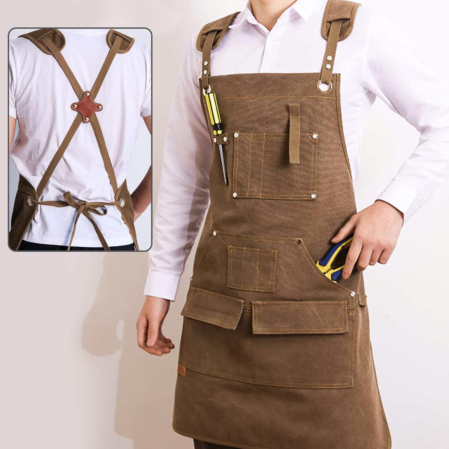 Tool Apron Valuehall Woodworking Shop Apron Waxed Canvas Tool Apron Heavy Duty Work Apron with Pockets & Padded Straps Adjustable for Woodworking, Painting, Cooking, Crafting, Bartenders V6A03 (Yellow)