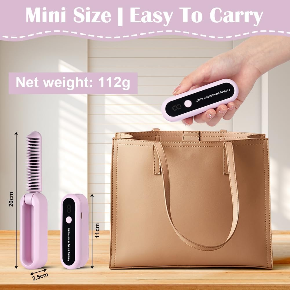 AOOWU Straightening Brush, Foldable Hair Straightener Brush, Beard Straightener for Men, Mini Electric Beard Straightener, Wireless Straightening Comb Prevents Hair Pulling, Quick Heating, 9 image number 4