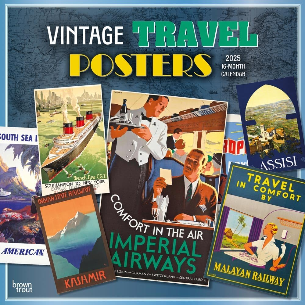 Vintage Travel Posters | 2025 12 X 24 Inch Monthly Square Wall Calendar | Plastic-Free | Browntrout | Art Railways Illustrations image number 1
