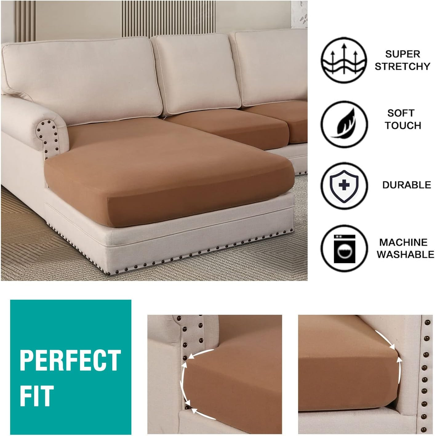 Princedeco 3 Pieces Stretch Sofa Seat Cushion Covers L Shape Separate Cushion Couch Thick Chaise Cover Elastic Fit Furniture Protector for Both Left/Right Sectional Couch (3 Seater, Camel)