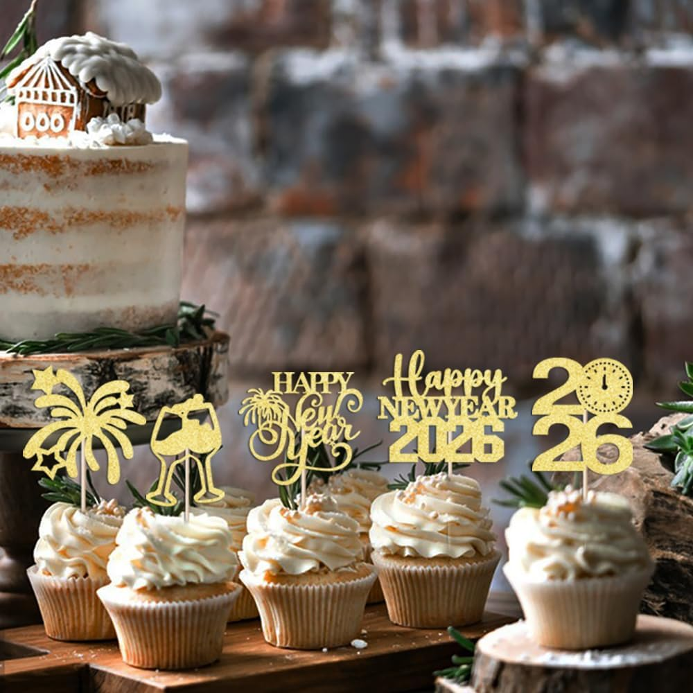 24PCS Happy New Year Cake Toppers,Happy New Year 2025 Party Supplies,Eve Cake Topper Decorations,Star New Year Cake Toppers,For New Year'S Eve Holidays Party Decorations image number 4
