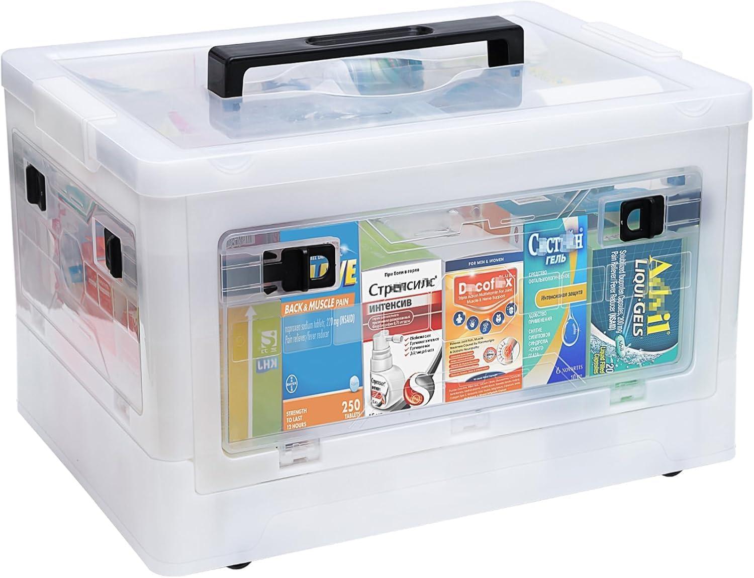 Extra Large Medicine Storage Box with Handles, First Aid Box Clear Medical Supply Organizer with Removable Tray, Multipurpose Plastic Medicine Chest with Wheels