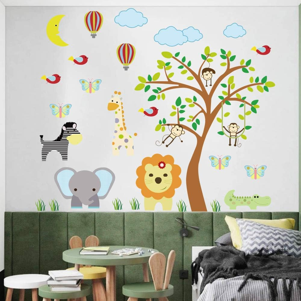 Supzone Jungle Animal Wall Stickers Monkey Tree Wall Decals Elephant Giraffe Zebra Vinyl Forest Animal Wall Stickers DIY Removable Home Decoration Baby Nursery Girl Boy Kids Room Wall Decor image number 1