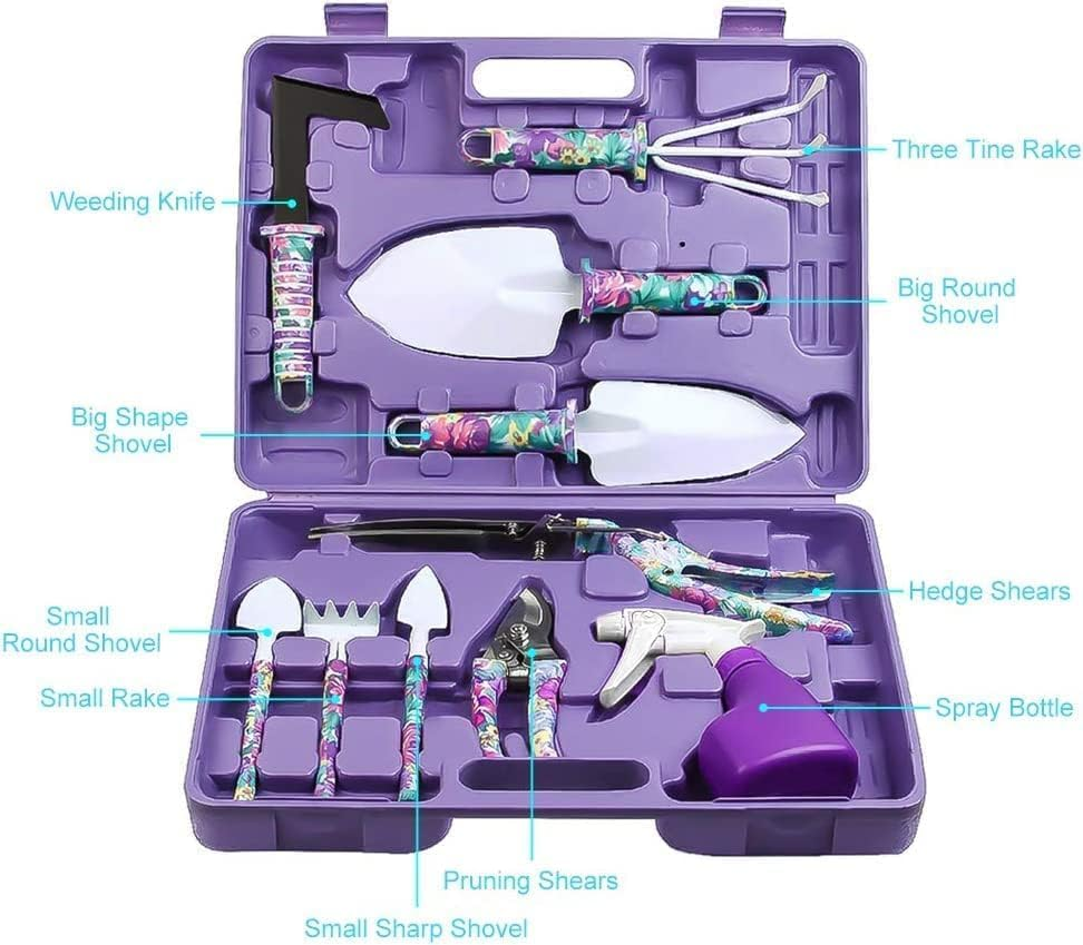 Garden Tools Set, 10 Pieces Gardening Gifts Stainless Steel with Storage Case with Garden Trowel Pruners, Rake, Shovel, Trowel, Sprayer, and More -Garden Gifts for Men & Women (Purple 10Pcs Set) image number 2