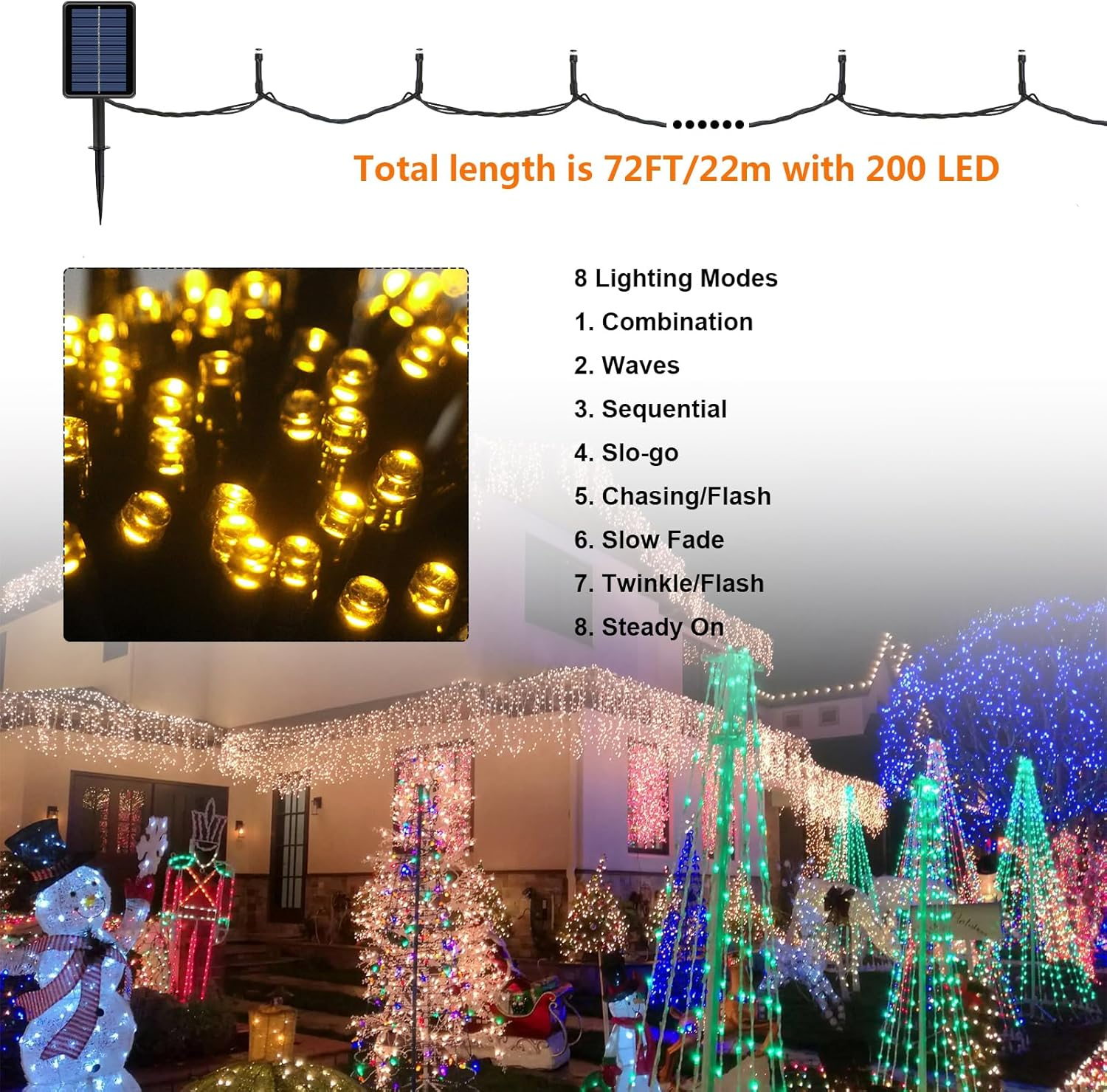 HELESIN Fairy Lights Outdoor, 200 LED String Lights 72Ft/22M,Solar Garden Lights with 8 Modes,Christmas LED Lights Outdoor Waterproof for or Home,Lawn,Garden,Wedding,Party and Holiday(Warm White) image number 5