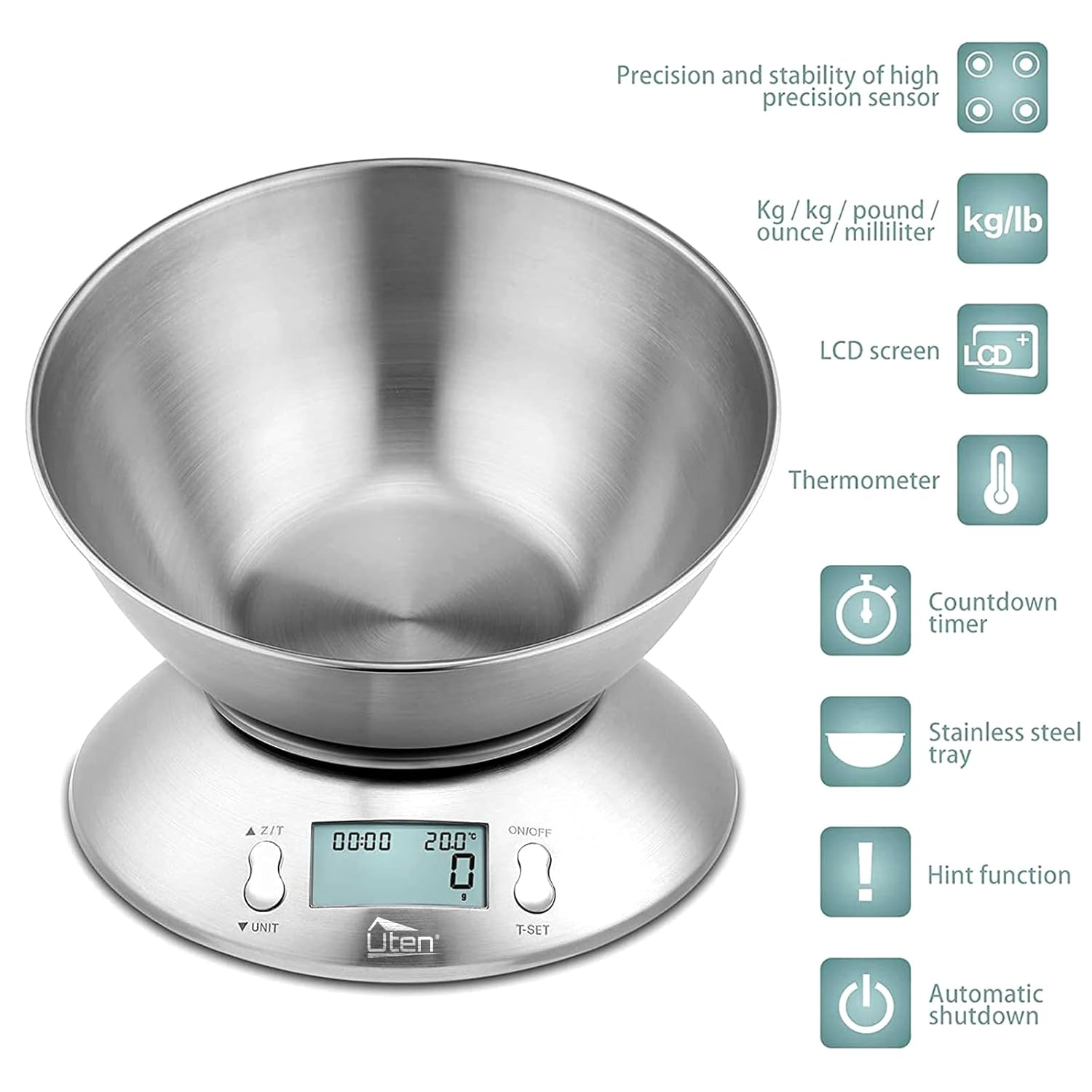 Uten Kitchen Scales Digital Scales with Bowl, 5 Kg, Stainless Steel, Tare Function, LCD Display, Bowl and Timer, Baking & Cooking image number 4