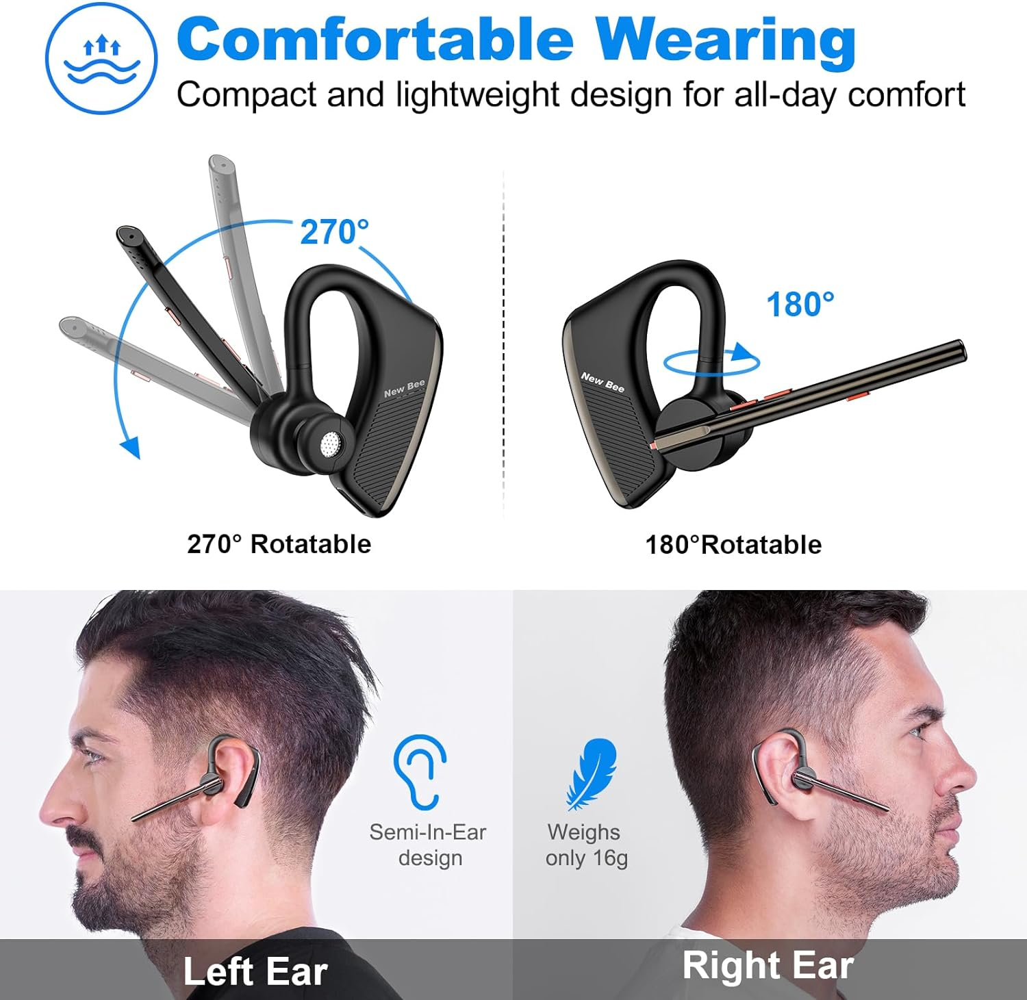 Bluetooth Headset New Bee 24Hrs Talktime CVC8.0 Dual Mic Noise Cancelling Bluetooth Earpiece V5.2 Wireless Headset for Cell Phone/Iphone/Android/Driver/Business/Office image number 5