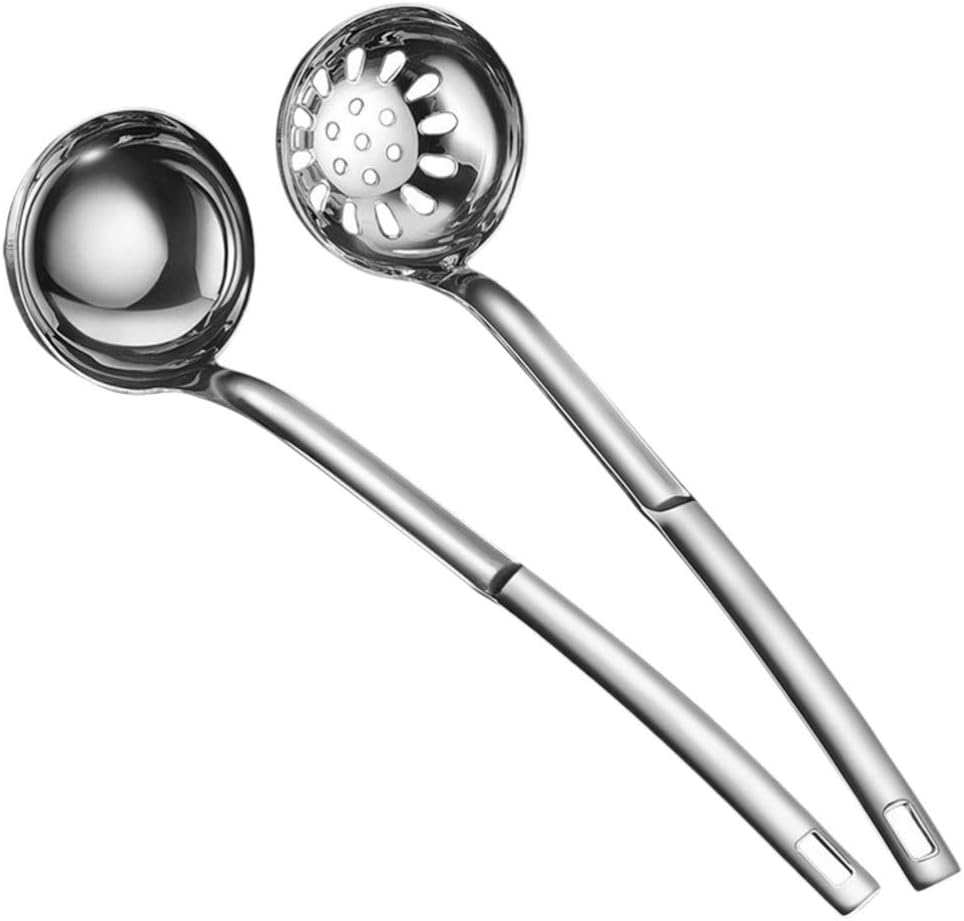 Cabilock 2Pcs Stainless Steel Handle Soup Scoop and Slotted Spoon Ergonomic Kitchen Utensils for Cooking and Serving Easy to Clean Prevents Spills Convenient Storage Hook image number 3