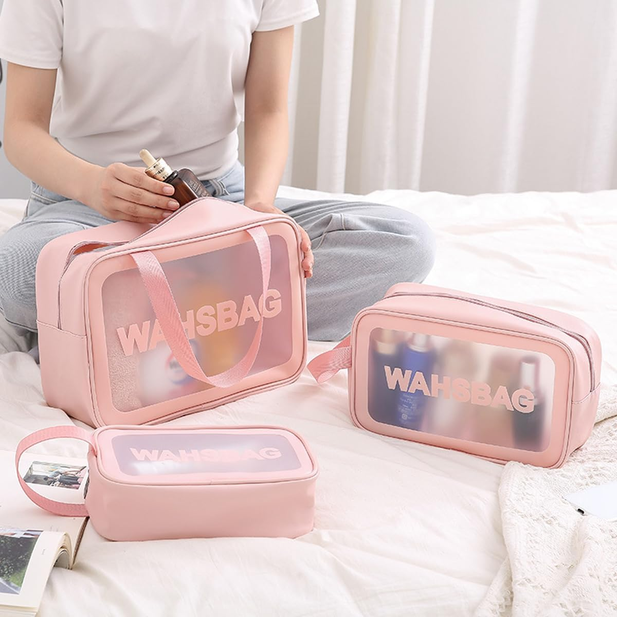 Set of 3 NUZAMAS Travel Toiletry Bag Transparent Makeup Bag Clear Waterproof Cosmetic Bag 3 Size of Travel Organizer Bag for Women and Girls Pink image number 1
