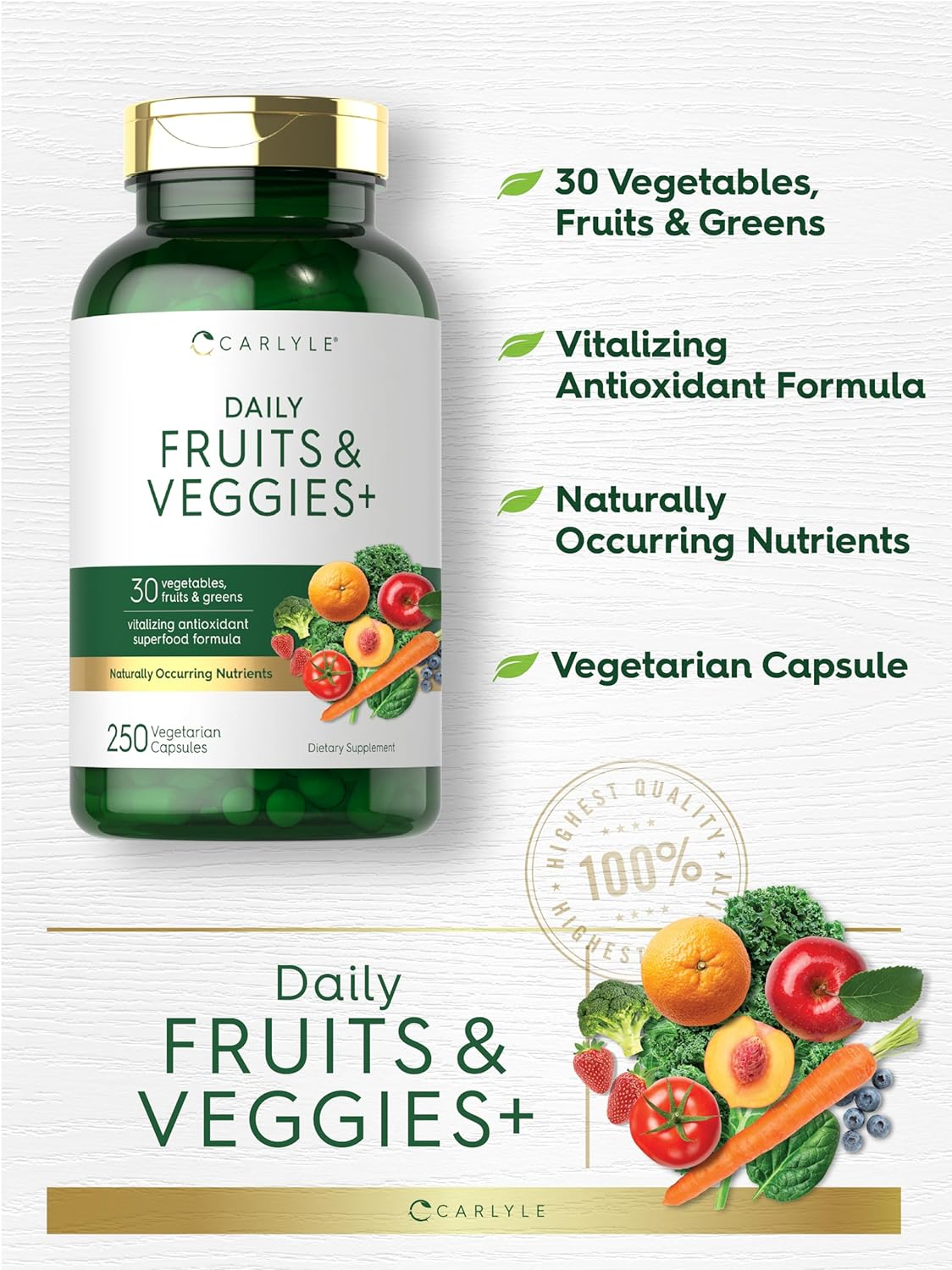 Fruits and Veggies Supplement | 250 Capsules | Made with 32 Fruits and Vegetables | Vegetarian, Non-Gmo, Gluten Free Superfood Formula | by Carlyle image number 1