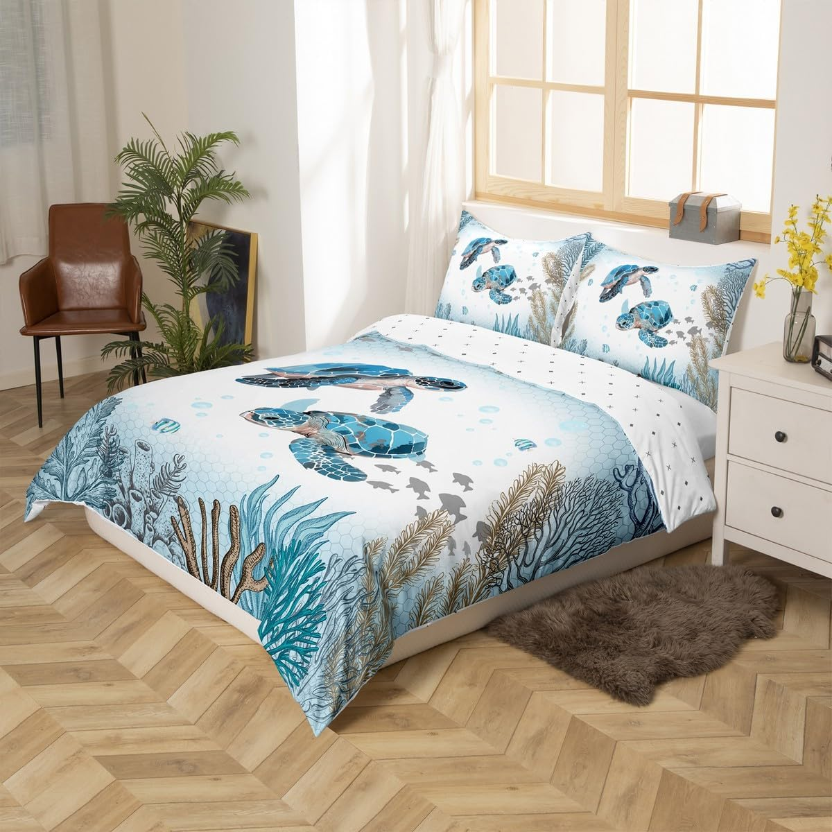 Sea Turtle Duvet Cover 135 X 200 Cm Teal Blue Ocean Coastal Bedding Set Underwater World Comforter Cover for Children Boys Girls Coral Reef Fish Bed Set Kawaii Marine Life Room Decoration image number 4