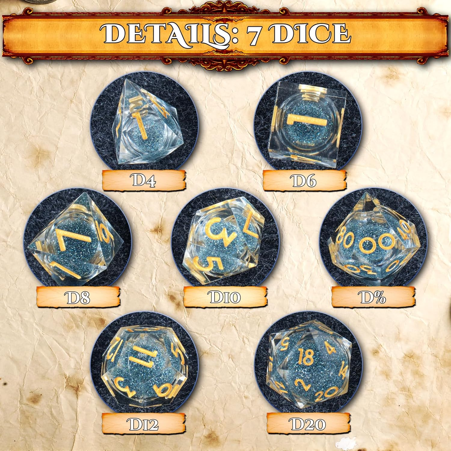 7 PCS Flowing Sand Dice Set with Eye of Dragon - DND Polyhedral Dice Contains D20, Accessories Starter Set from Zero to Master - Gift image number 5