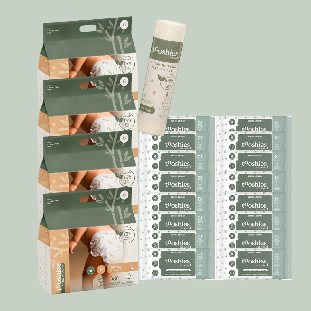 Tooshies Eco Nappy Pants Size 6 Junior, 104 Count + Tooshies Aloe Vera & Chamomile Eco Wipes, 1120 Pack + Tooshies Biodegradable Nappy Bags, 40 Pack image number 4