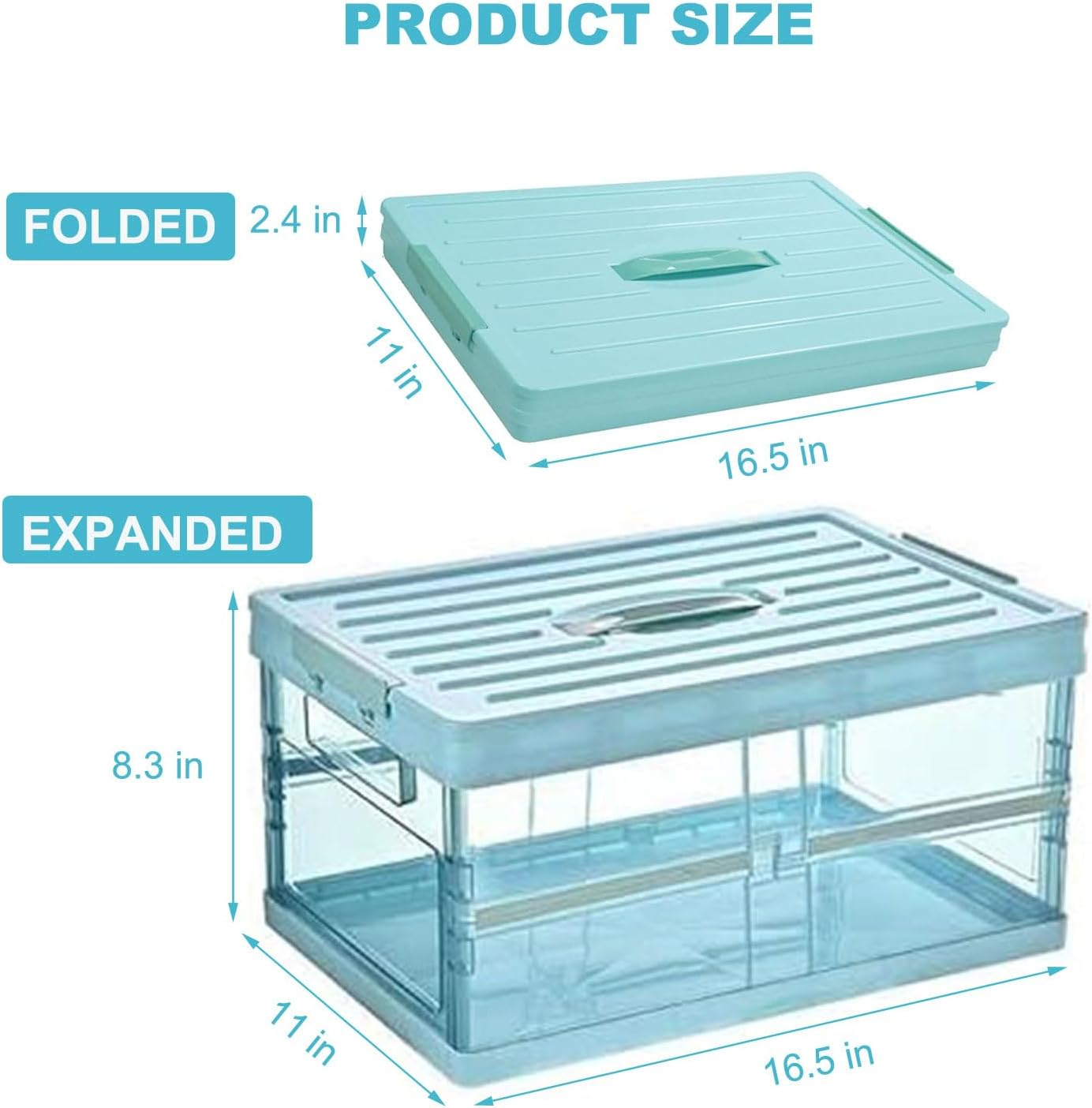 Clear Foldable Storage Bins with Lids Plastic Collapsible Box, Stackable Clear Latch Storage Box with Handle, Folding Plastic Containers, Folding Latching Crate for Closet Home Kitchen Car Trunk, Blue image number 1