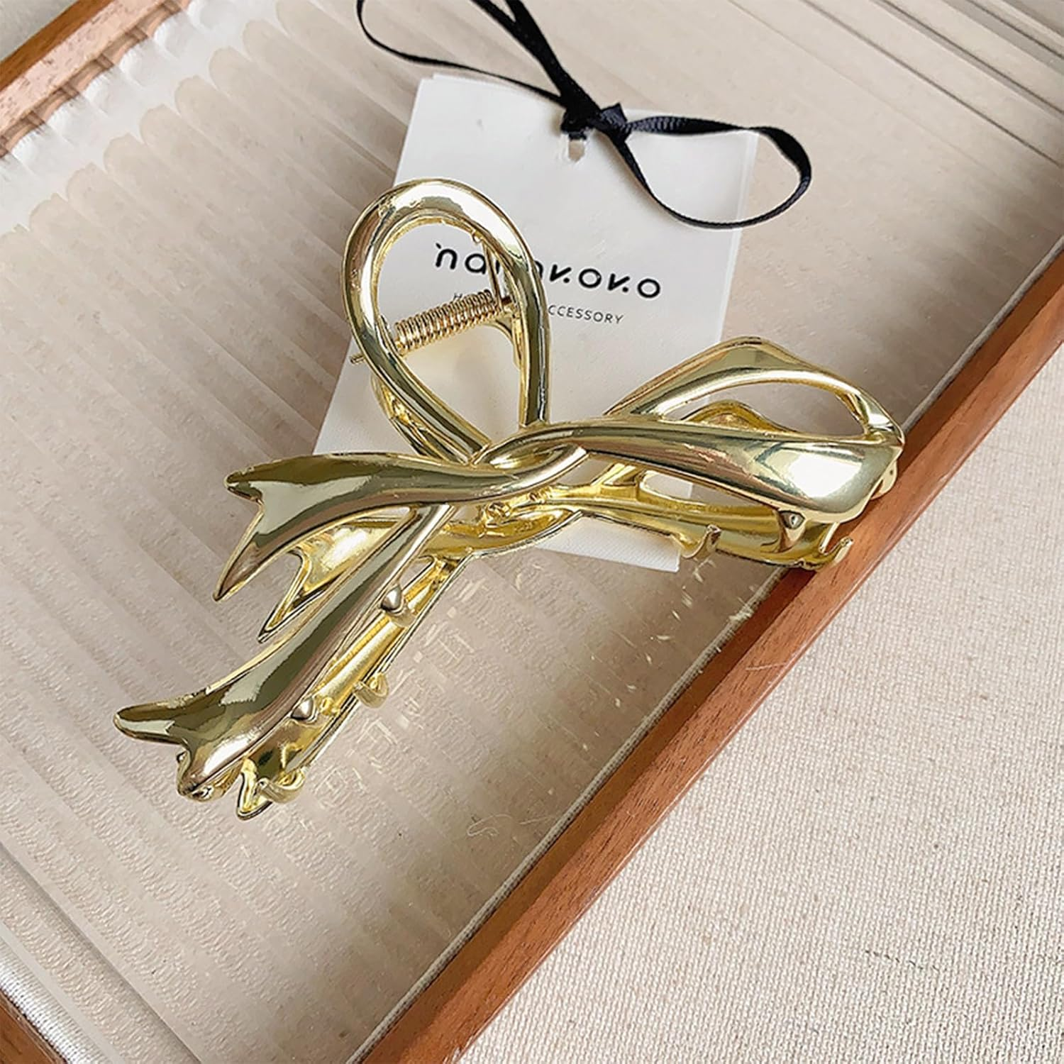 Ribbon Bow Hair Claw Clip Large Metal Hair Clips 4.5 Inch Metal Hair Claw for Women Girls Non-Slip Strong Grab Clips Shark Barrette Hair Clamps Hair Accessories for Thick Hair(Gold) image number 2