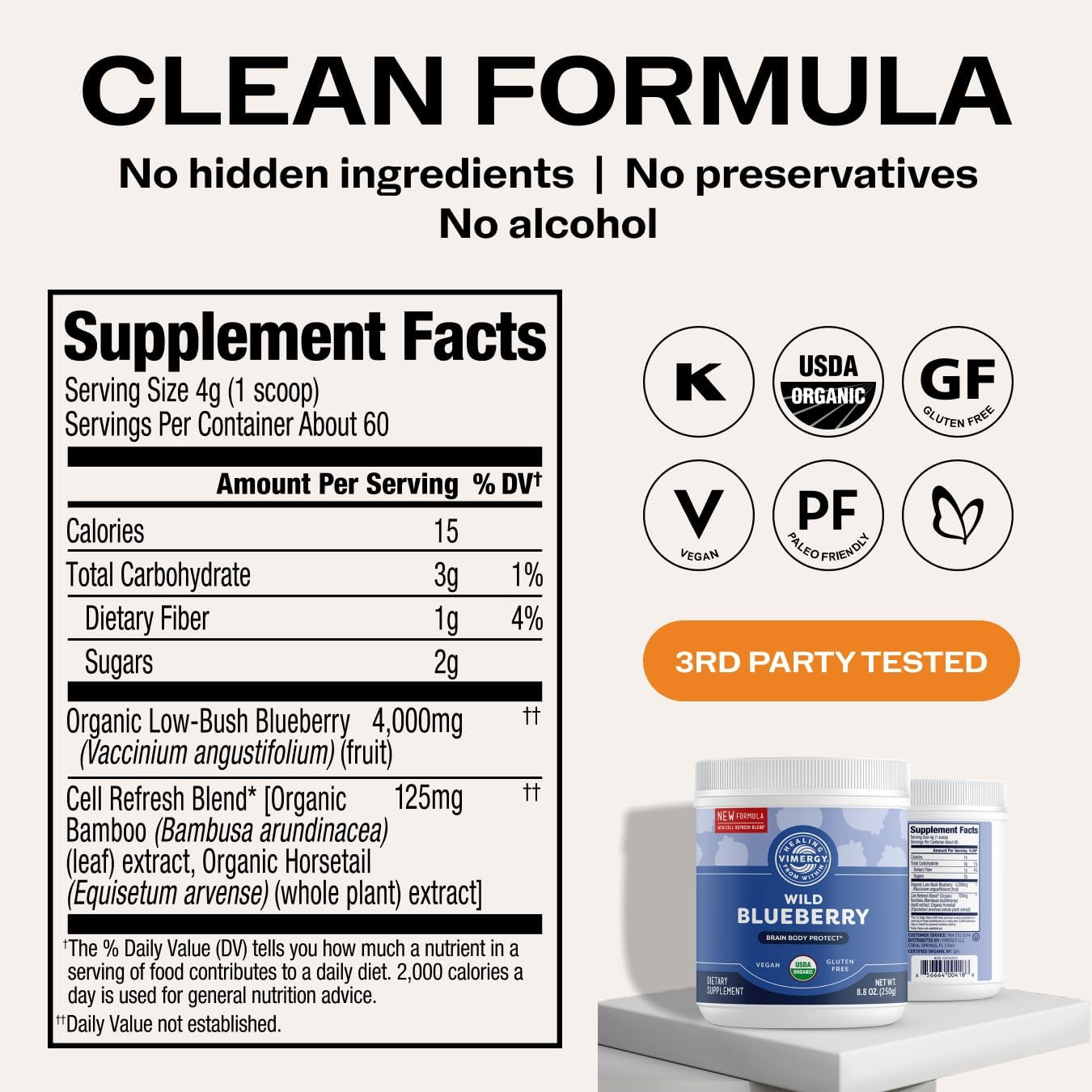 Vimergy USDA Organic Wild Blueberry Supplement Powder, 62 Servings &ndash; Natural Wild Blueberries - Fruit Powder for Smoothies, Juices, Fruit Bowls &ndash; Low-Bush, Non-Gmo, Gluten-Free, Vegan, Paleo (250G) image number 5