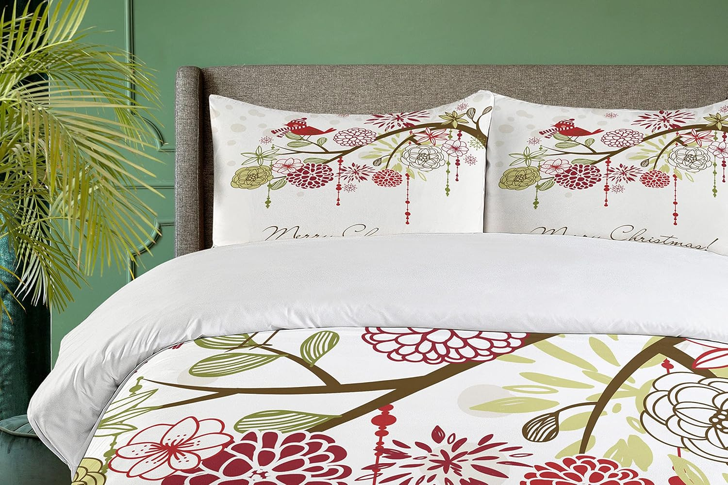 Ambesonne Christmas Duvet Cover Set Queen Size, Sacred Floral Winter Red Bird Hat and Scarf on Blooming Tree Nature Inspired, Decorative 3 Piece Bedding Set with 2 Pillow Shams, Green White image number 1