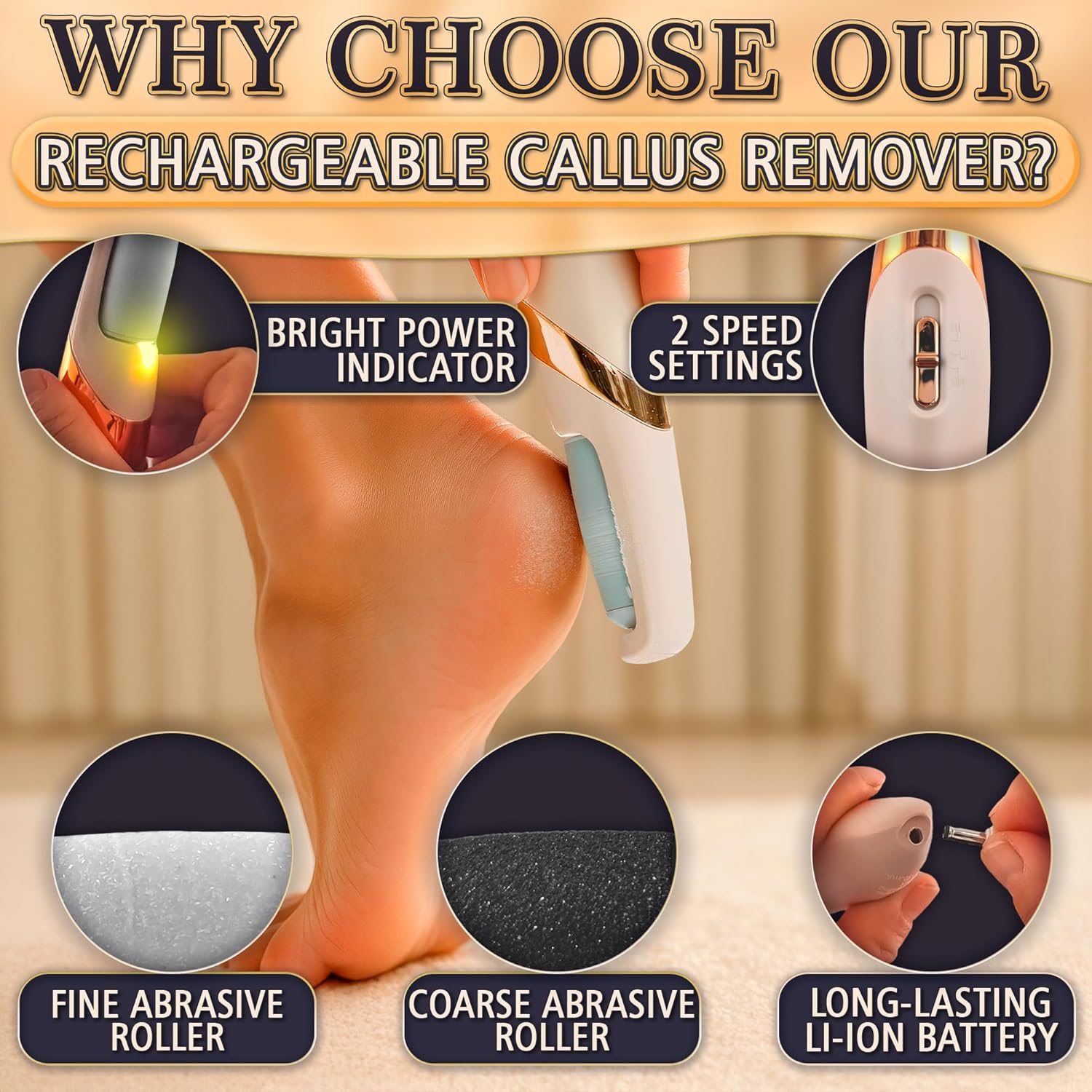 Electric Callus Remover for Feet &ndash; Rechargeable Electric Foot Callus Remover Tool with 2-Speed Foot Sander with 2 Rollers (Coarse & Fine) for Smooth & Soft Feet &ndash; Compact for Daily & Travel Use image number 4
