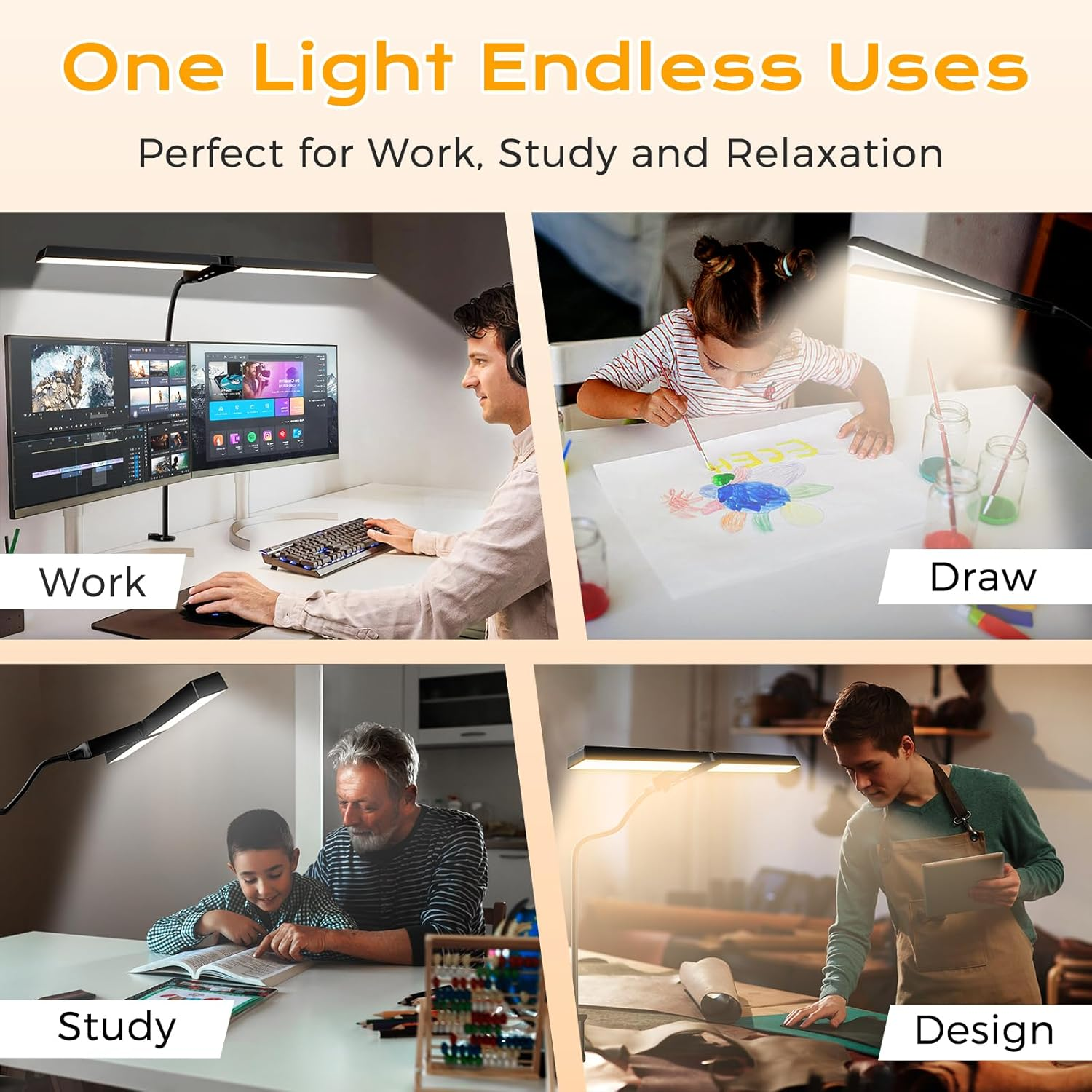 Quntis Desk Lamp for Home Office Study, 68CM Double Head Architect Desk Light with Clamp, 4 Colors & Brightness Dimmable Eye Care Table Lamp No Glare, Adjustable Gooseneck Task Lamp, Black image number 1