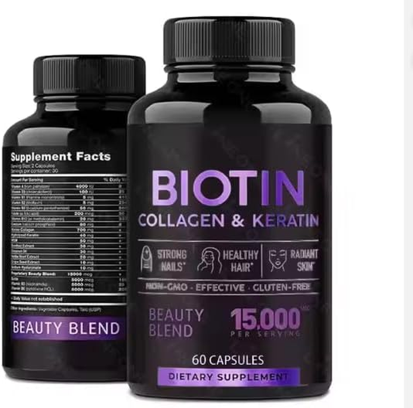 Biotin Collagen & Keratin Beauty Blend Capsules, 15000Mcg, 60 Capsules, Hair Growth Support image number 1