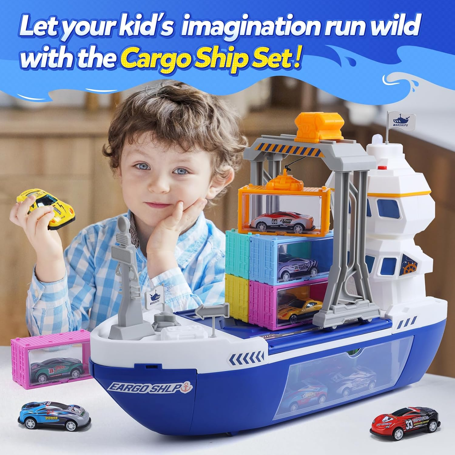 CUTE STONE Cargo Ship Toy & Gantry Crane, Toy Boat and Crane Playset with Sounds & Lights, Transport Containers, Push and Go Vehicle Cars, Kids Play Boats for Boys Girls image number 3