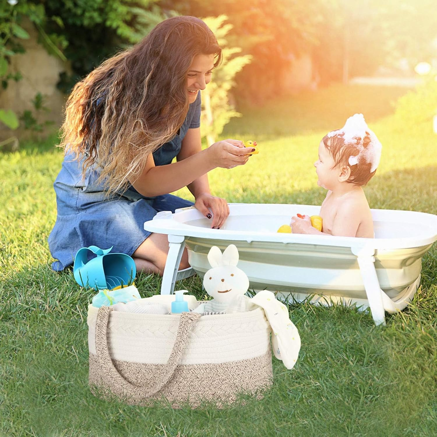 ATDORO Baby Diaper Caddy Organizer, X-Large Cotton Rope, Rustic Style, Portable, 3 Compartments Large Storage Basket image number 2