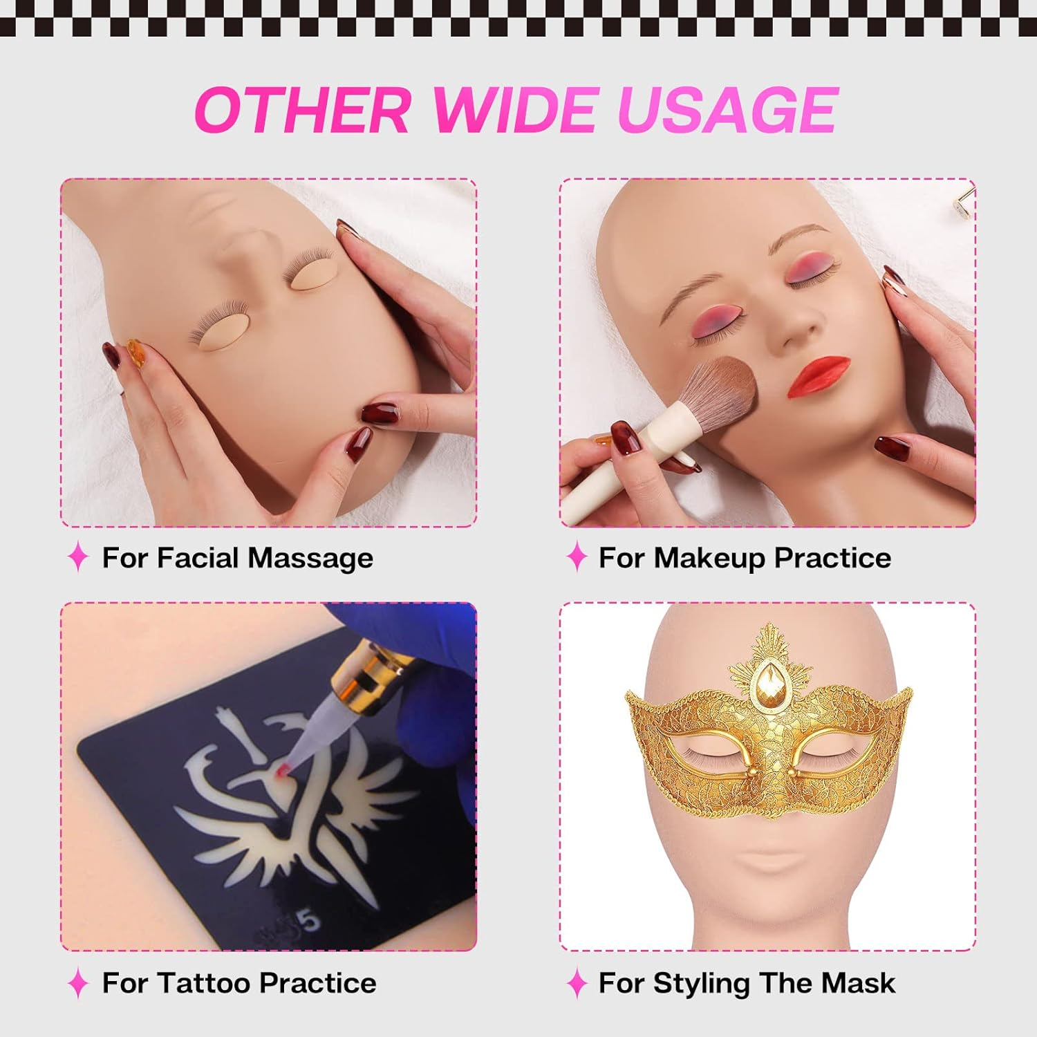 CALAILIS Lash Mannequin Head, , Practice Head for Eyelash Extensions and Make Up, Soft Rubber Head Replaced Eyelids with Training Eye Lashes, for Beginner (Skin Colour) image number 5