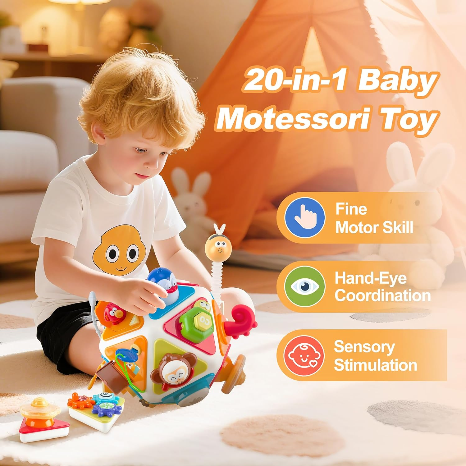 CYZAM 20-In-1 Activity Cube, Montessori Toys for 18M+ Kids Toddlers, Baby Sensory Busy Center with Lights and Music, Infant Educational Development Toys for 1 2 Years Old Boys Girls image number 3