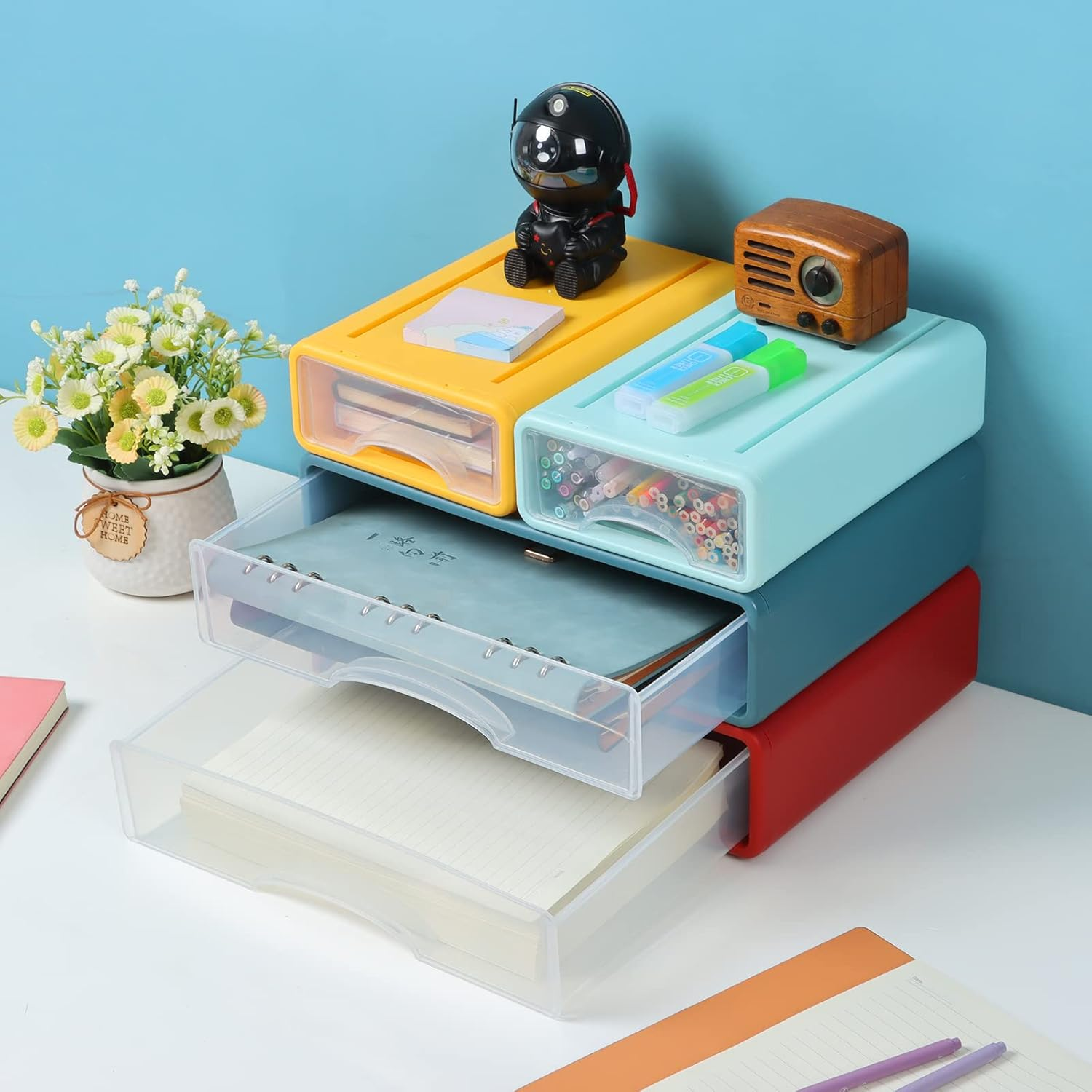 Osteed Blue Desktop Drawer for Paper, Stackable Office Storage Drawer for Desk, Craft Organizer and Storage Bin, Large Storage Container with Plastic Drawer for Office Supplies Desk Accessories - 2 Small Drawers, Yellow  Orange image number 6