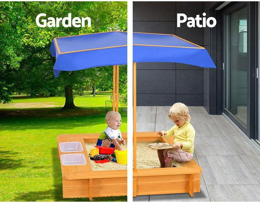 Keezi Kids Sandpit, Wooden Water Table Sand Pit Play Toys Sandcastle Garden Patio Beach Activity Outdoor Toy Games, with Adjustable Canopy Ground Sheet 2 Basins Nature Wood image number 3
