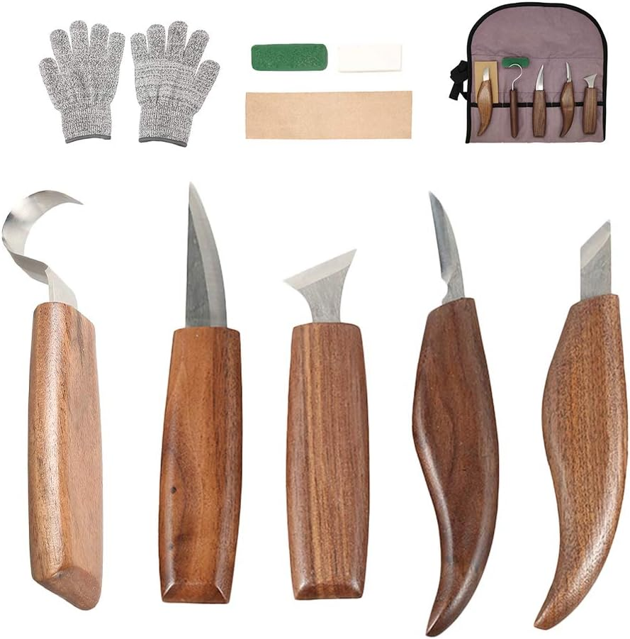 Wood Carving Tools Set, 10Pcs Beginners Wood Carving Kit with Carving Hook Knife, Wood Whittling Knife, Chip Carving Knife, Gloves for Spoon Bowl or General Woodwork for Woodworking